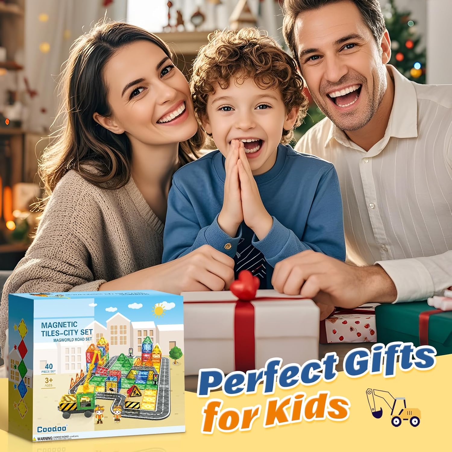 Coodoo Kids Games Magnetic Tiles Road Set with Extendable Magnetic Crane, City Construction Building Toys for Toddlers STEM Preschool Ages 4-6 5-7, Gifts for 3+ Year Old Boys Girls Kids Toys with Car