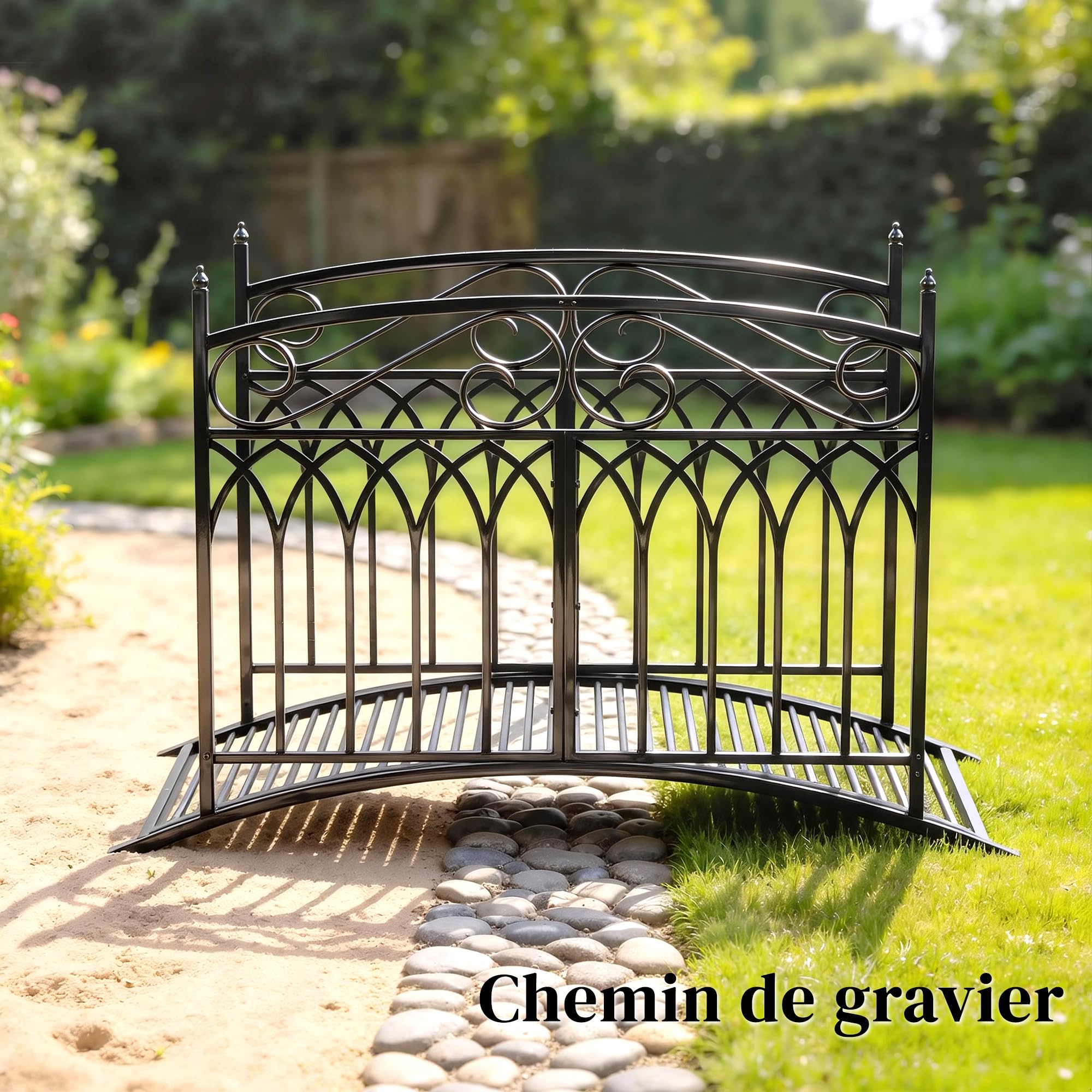 Outsunny Pont de Jardin en Métal Style Baroque - Passerelle Décorative avec Garde-Corps 91cm et Charge 100kg - Pont d'Extérieur 135cm Antirouille pour Bassin Étang Ruisseau et Jardin Japonais, Noir