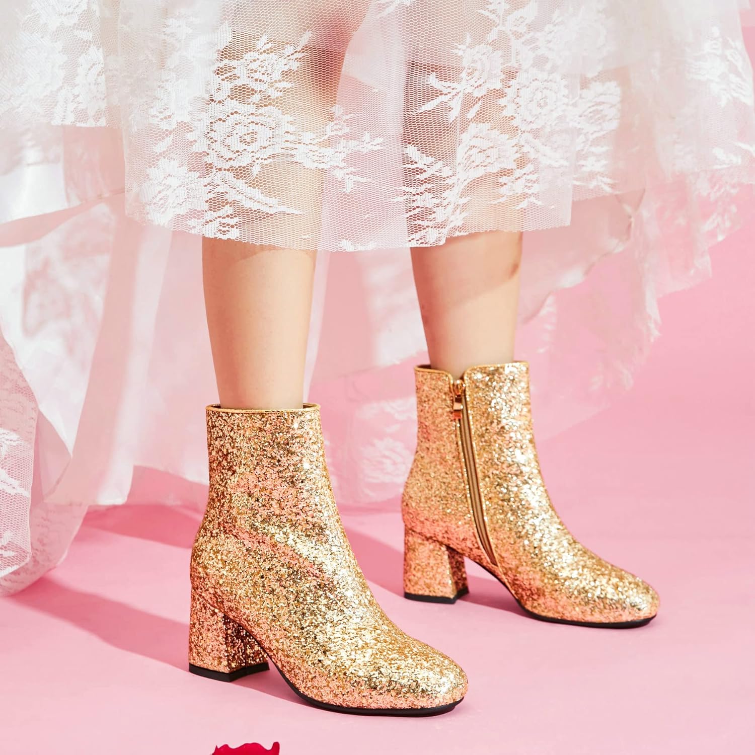 Women Sparkly Ankle Boots Sequin Glitter Booties Chunky High Heels Gold US9.5 EU40 - Image 8