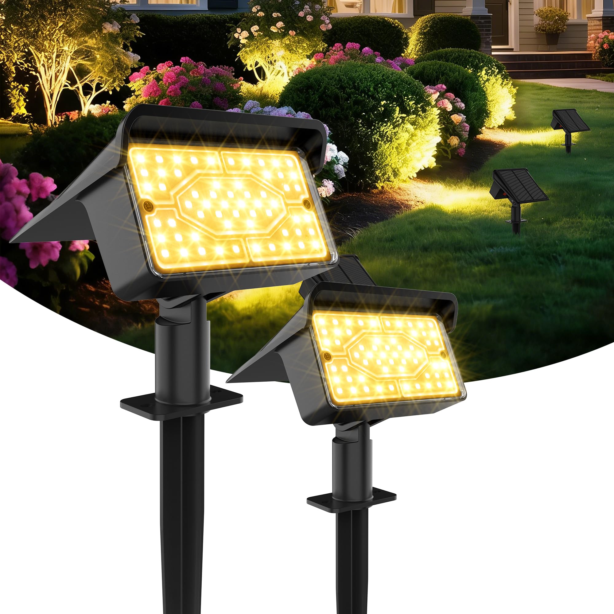 Ollny 2 Stück 60 LEDs Solarstrahler für Außen, 3000K Warmweiß, IP65 Wasserdicht, 3 Modi, Dusk to Dawn, Solarlampen für Außen, Solar Gartenleuchten Outdoor, LED Solarleuchten