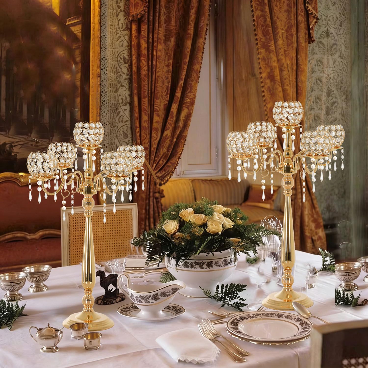 4 paquetes de candelabros de cristal de 5 brazos para centro de mesa de boda, juego de portavelas dorado con cuentas de cristal, aniversario, cena, fiesta, decoración de mesa, candelabros de mesa