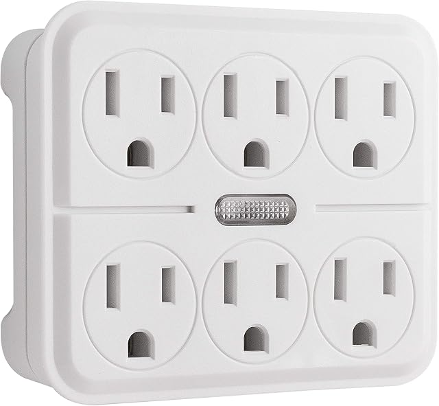 GE 6-Outlet Wall Tap with Guide Light, Grounded Adapter, Charging Station, Automatic Soft Orange Glow, 3-Prong, Twist to Lock Safety Covers, UL Listed, 14470