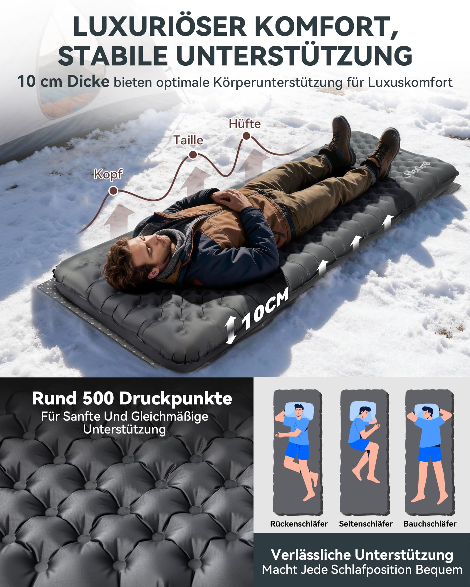 HIKENTURE Isomatte Camping R Value 7,3 z pompką nożną, 10 cm, bardzo gruba izolująca mata do leżenia 210 x 64 cm, ciepła mata do spania, materac dmuchany, mały rozmiar opakowania na 4 pory roku, na