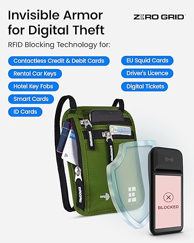 Miniatura 7 de Cartera de viaje para el cuello con bloqueo RFID, bolsa de viaje para el cuello para pasaporte para mujeres y hombres, Bosque, Classic