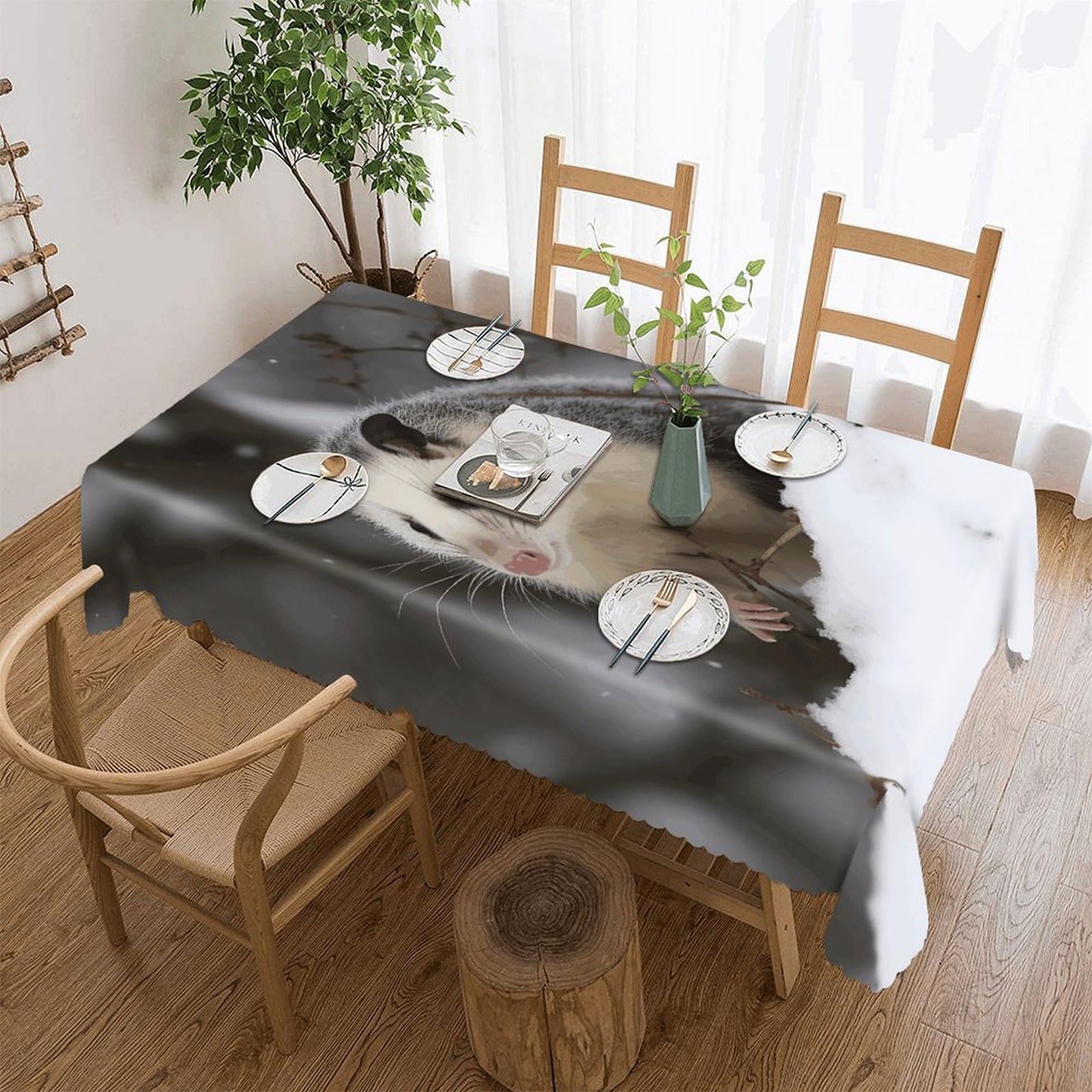 FekiLoot Opossum in Snow Tablecloths for Rectangle Tables Wipeable Spillproof Polyester Table Cloth Wrinkle Free Farmhouse Dining Tables Cover Elegant Vintage Decor Tablecover