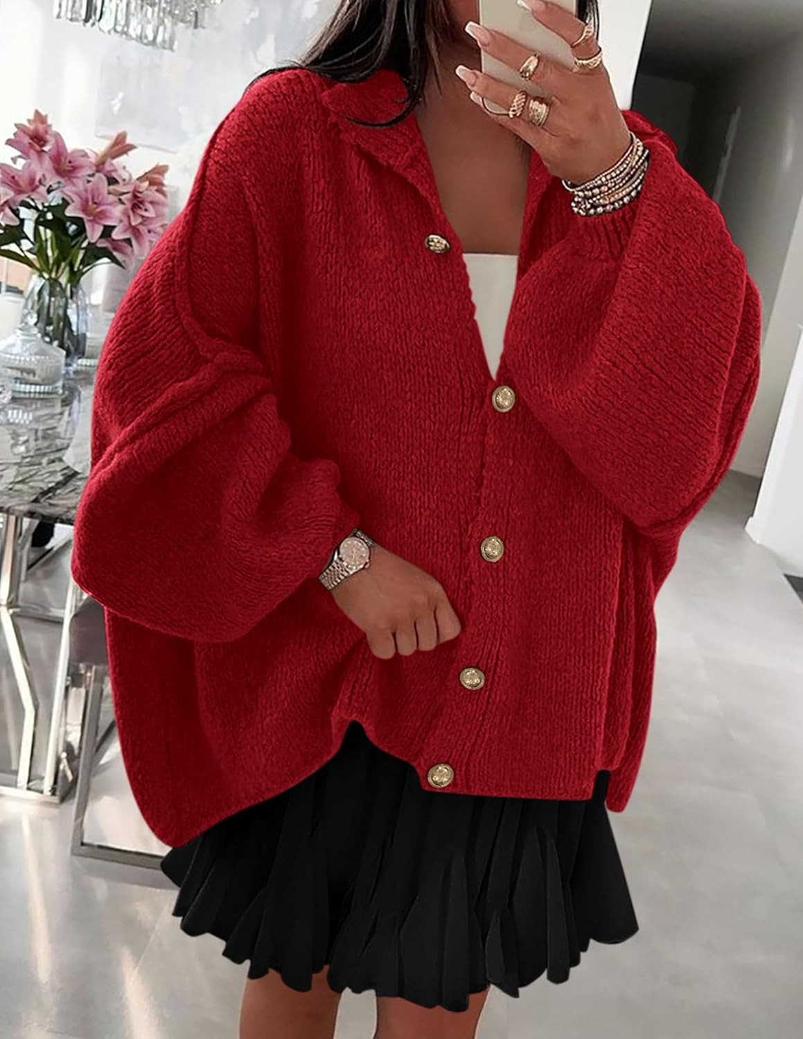 PRETTYGARDEN Women's Winter Button Down Cardigan Sweaters Mock Neck Lantern Long Sleeve Chunky Knit Jacket Trendy Outerwear - Image 3