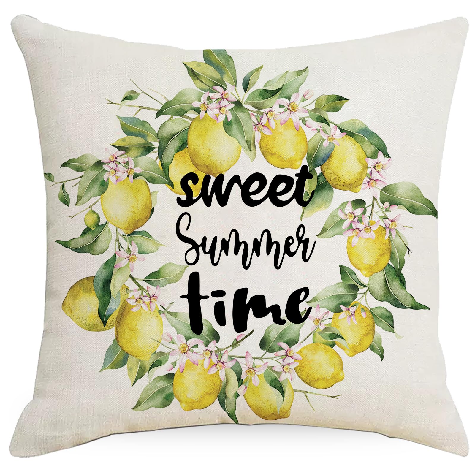 Cushion Covers 40cm x 40cm Leaf Green Lemon Decorative Pillows Linen Square Sofa Bed Cushions with Invisible Zipper Throw Pillow for Living Room Outdoor Pillowcases