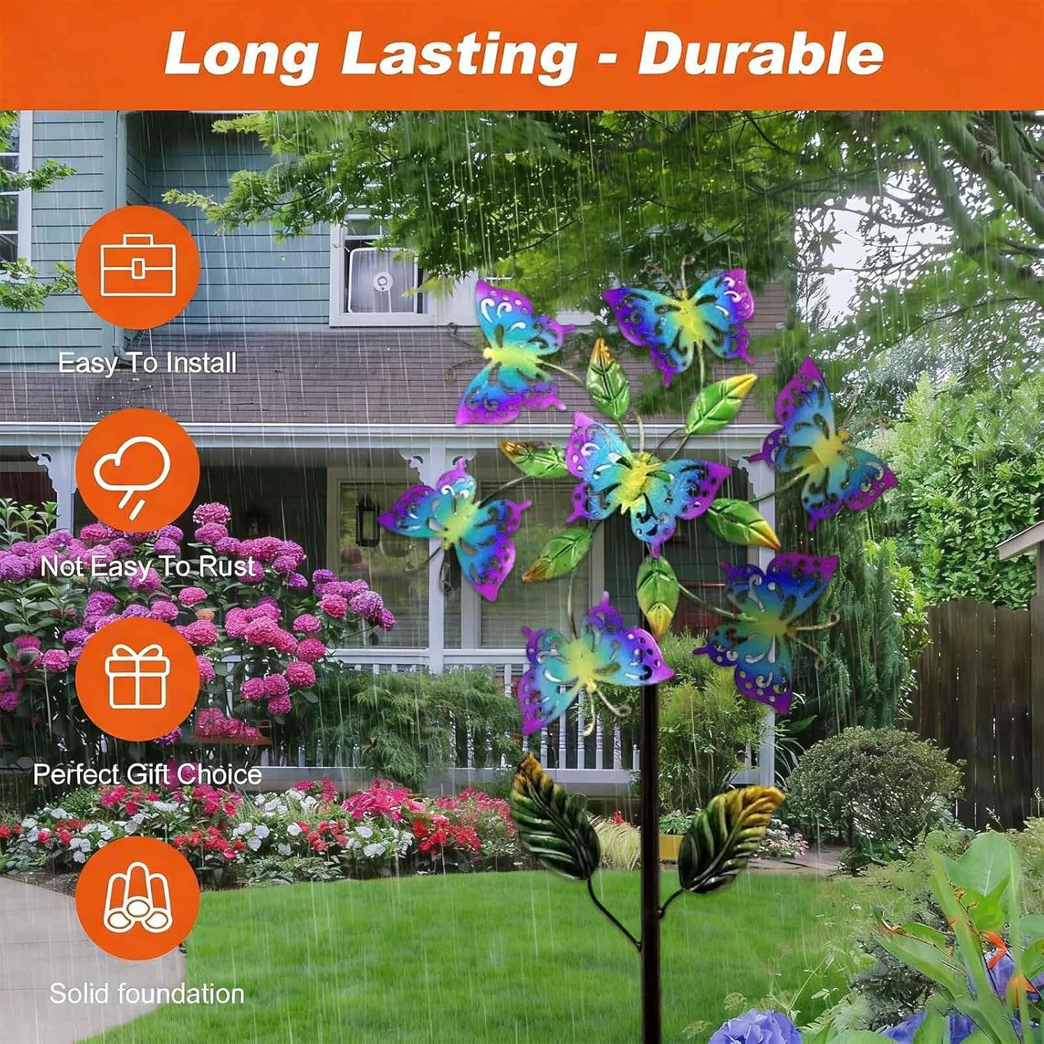 Butterfly Garden Wind Spinners for Yard, 117cm/46inch Wind Spinner Yard 360° Wind with Kinetic, Metal Kinetic Windmill Ideal Lovely Gift for Family Friends,A（2Packs）