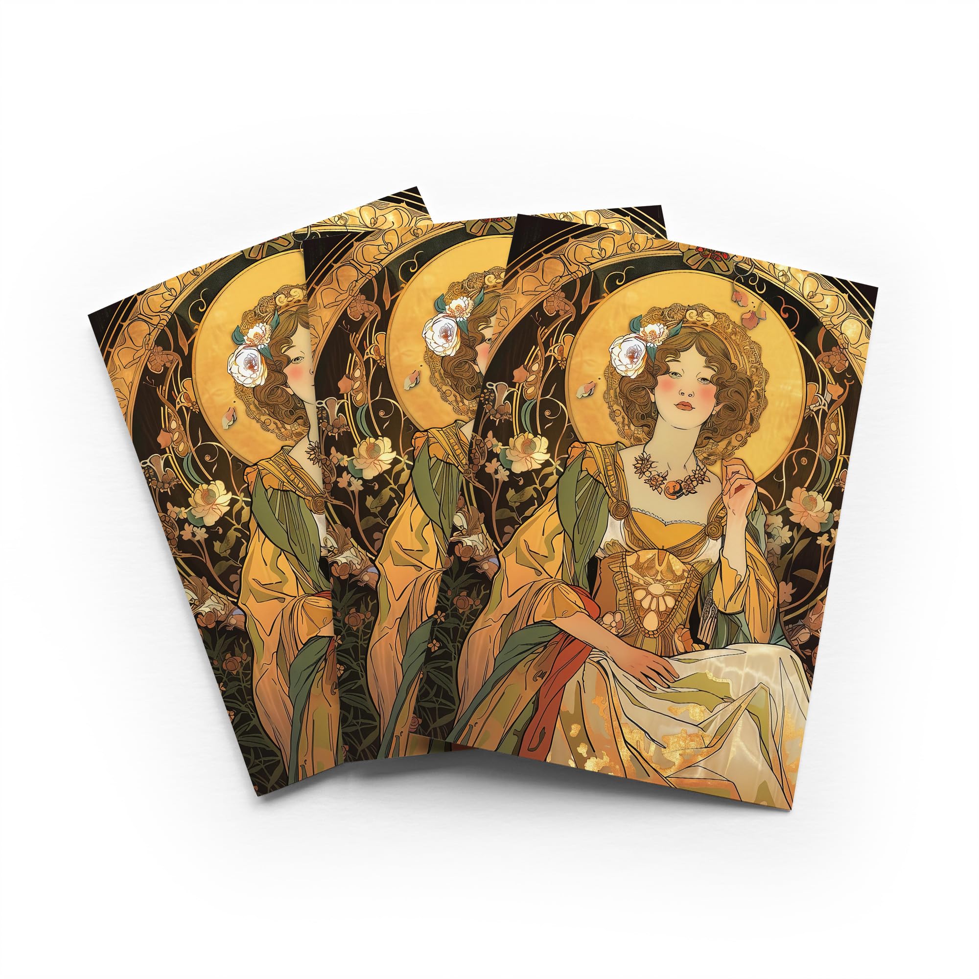 Mucha Style Woman Greeting Card Floral Art Nouveau Any Occasion Set of 3 Blank Inside 5x7 Inch 13x18 cm