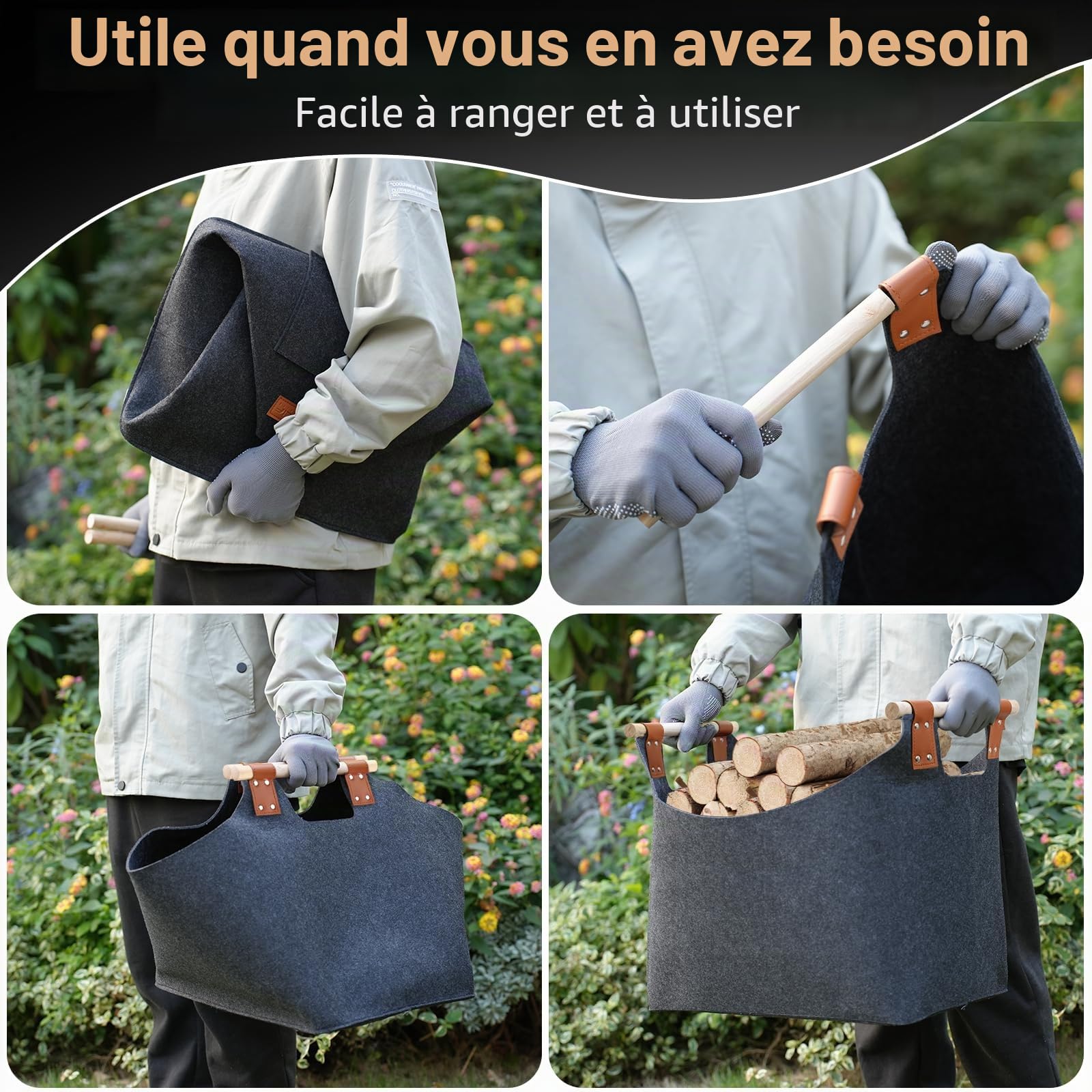 Panier à bois pour bois de cheminée - Taille XXL - Avec double cuir renforcé - 100 l - En feutre - Avec poche avant - Pliable - 60 x 40 x 40 cm