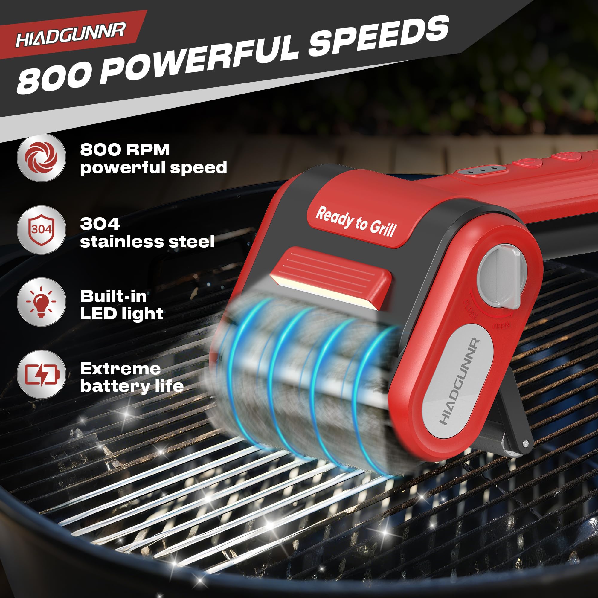 Elektrische Grillbürste, Grillreiniger mit LED-Licht, 700–800 U/min Edelstahlborsten, 304 Abnehmbarer Bürstenkopf, Kabelloses & Typ-C Wiederaufladbares Grillreinigungswerkzeug für Outdoor BBQ