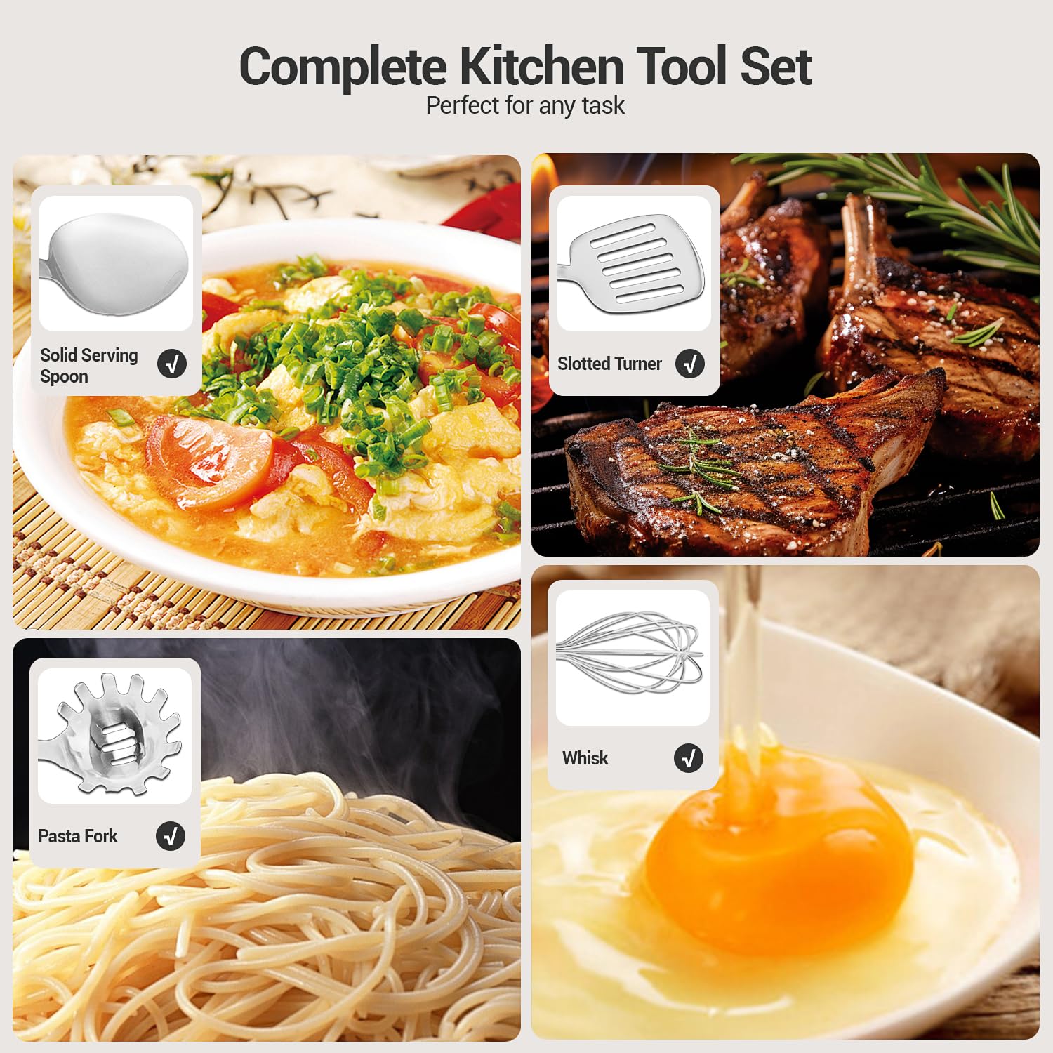 10PCS Cooking Utensils Set, HIFIND Stainless Steel Utensils Set Non Slip Handle Heat Resistant Kitchen Cooking Tools Durable Metal Utensil Spatula, Spoon, Whisk, Ladle, Pasta Fork - Image 4