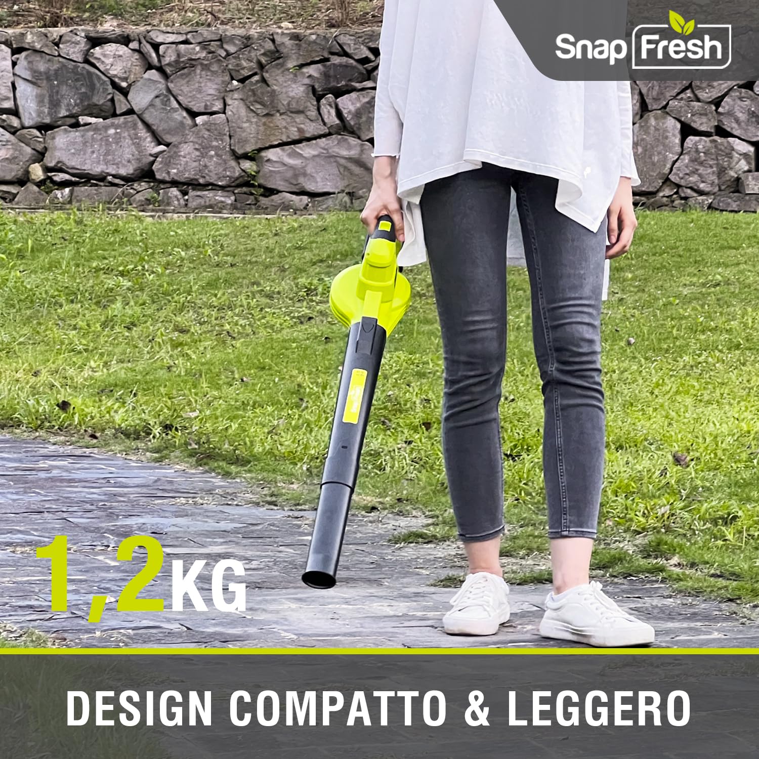 SnapFresh Soffiatore a Batteria 20V Soffiatore Elettrico per Foglie Leggero 1,2 kg, 210 km/h 240 m³/h, 2 Velocità Regolabili, con Batteria e Caricabatterie, per Giardino/Prato/Auto/Polvere (Verde)