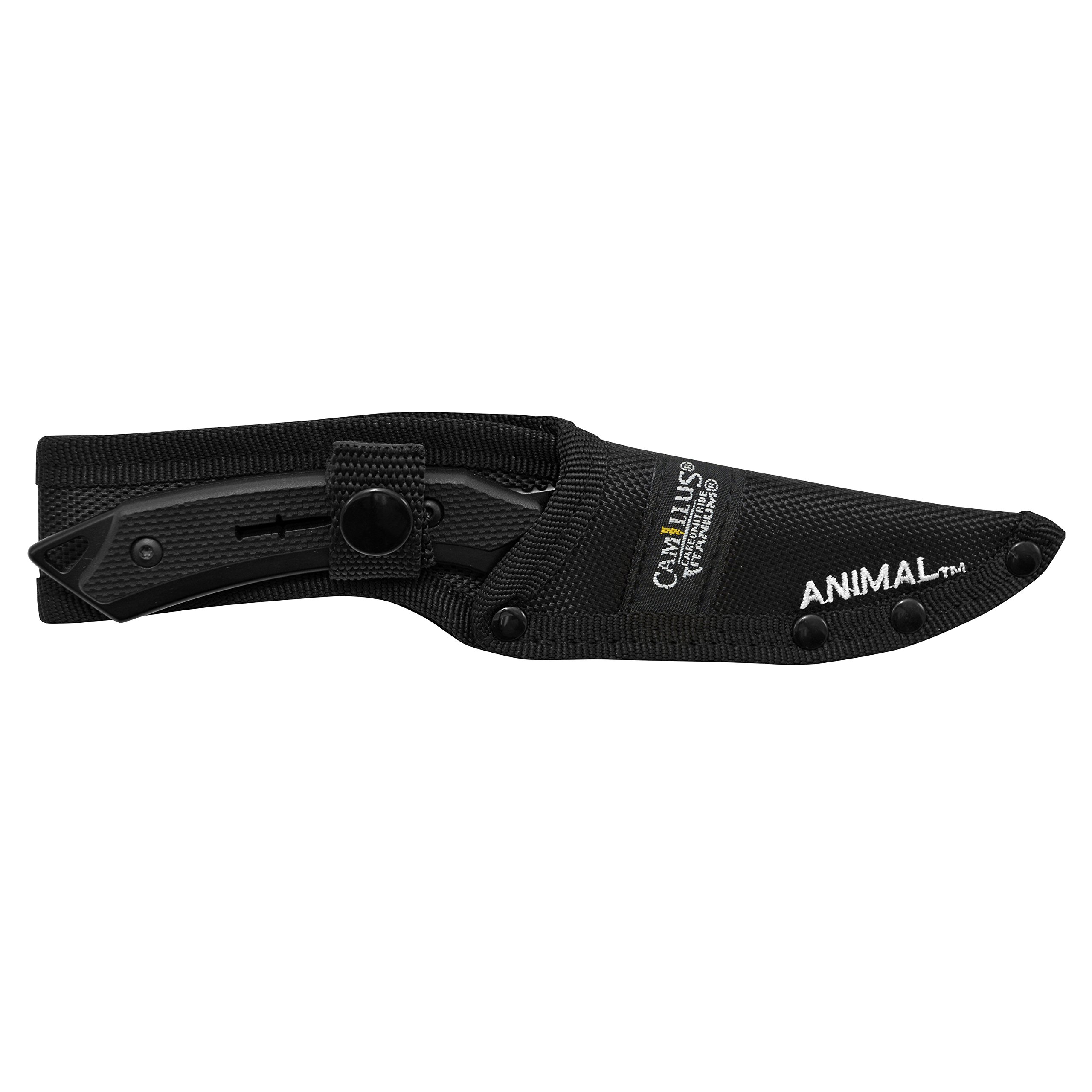 Camillus Coltello Animal, con fodero in nylon balistico, lama in acciaio 440 in carbonitruro di titanio da 8,9 cm, impugnatura GFN, nero, 19,7 cm