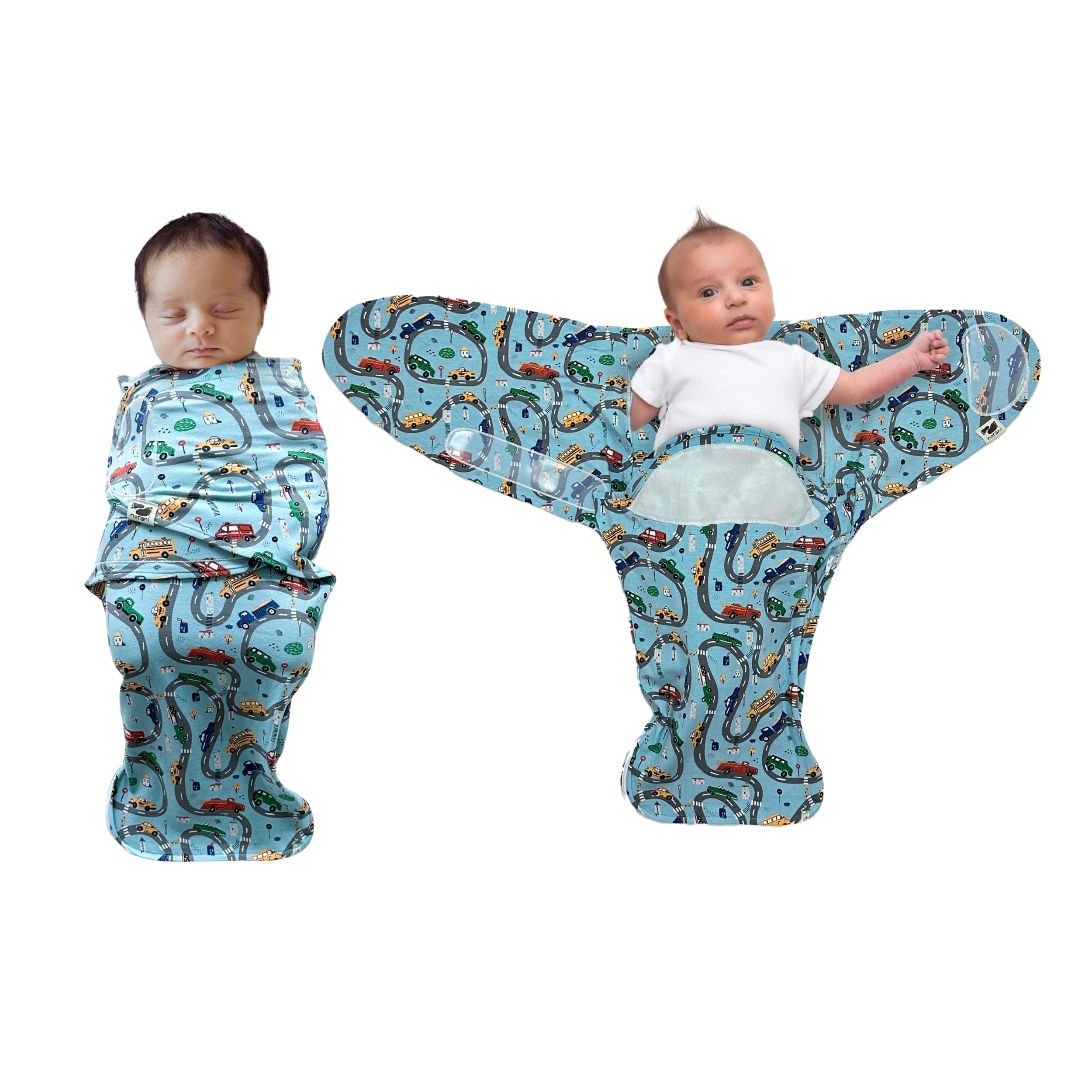 NoraniBaby Snugababe Swaddle Pod for Newborns, Secure Arm Inserts Ensures Baby's Arms Can't Come Out, Zipper Pod for Easy Diaper Changes, Parents Award Winner for Best Sleep, Cars