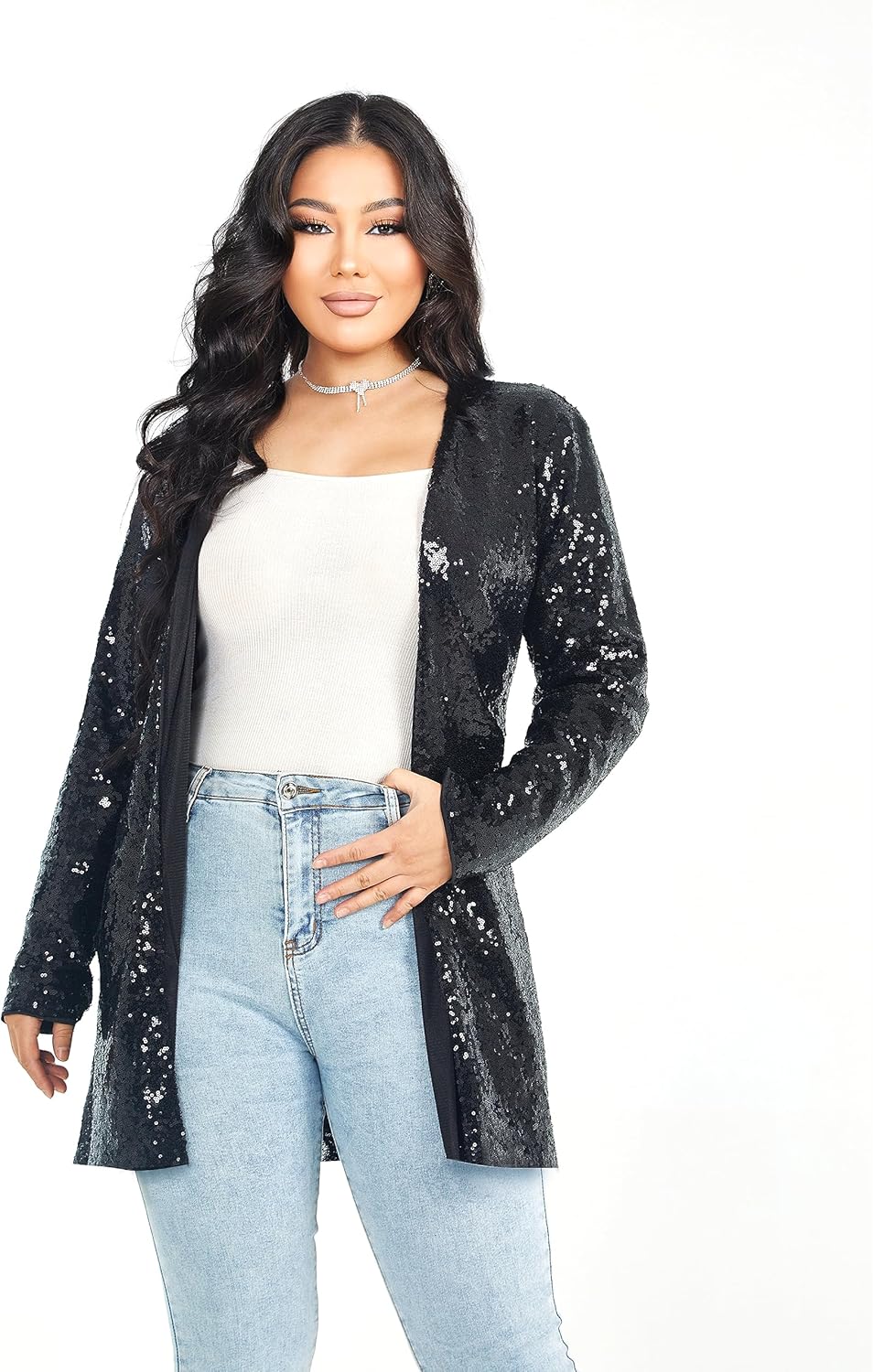 THANKPEARL Women's Sequin Jacket Long Sleeve Open Front Blazer Glitter Sparkly Coat Party Casual Cardigan
