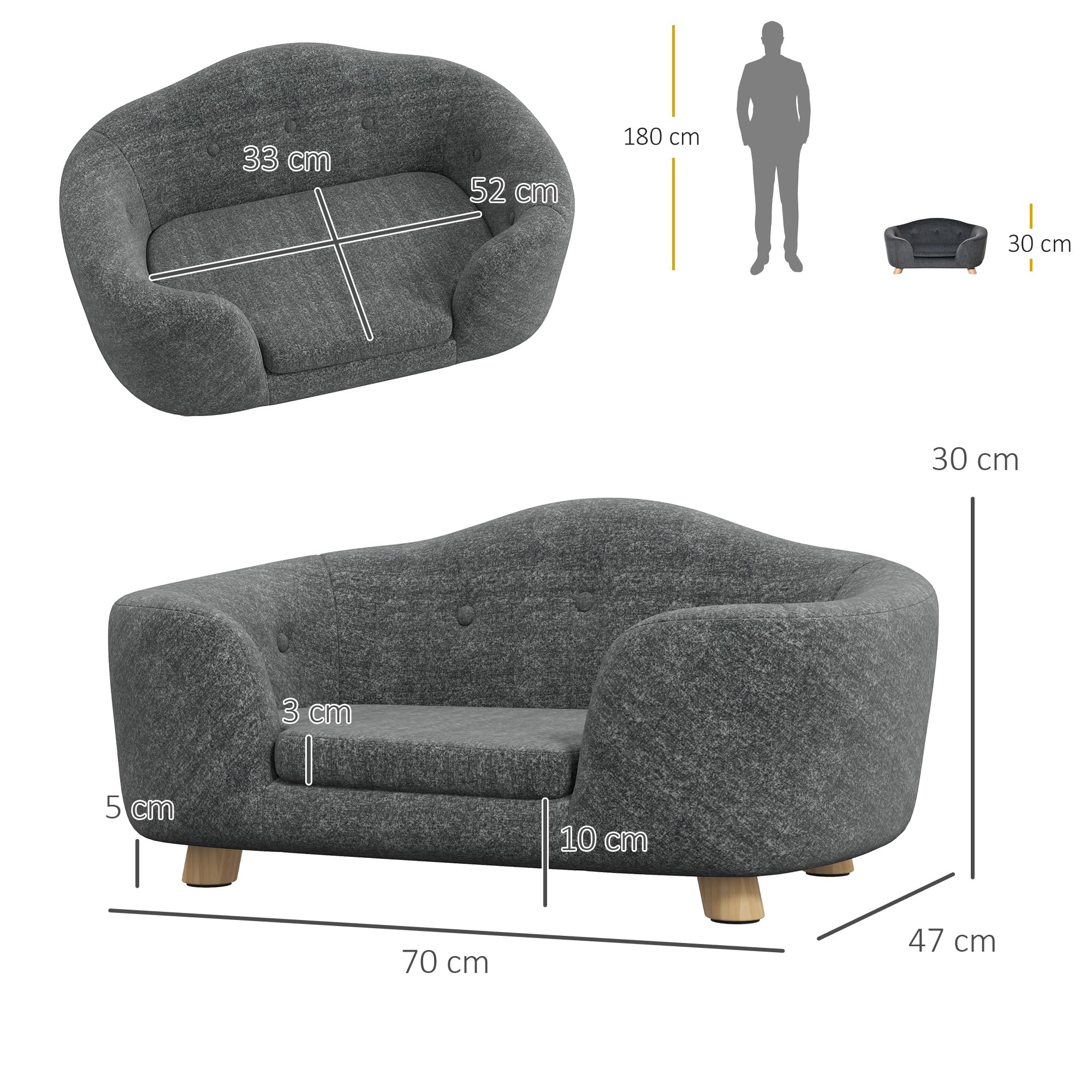 PawHut Canapé lit Panier Chien Chat sur Pied Design Contemporain Coussin Moelleux Amovible Pieds Bois Massif dim. 70L x 47l x 30H cm Gris Anthracite