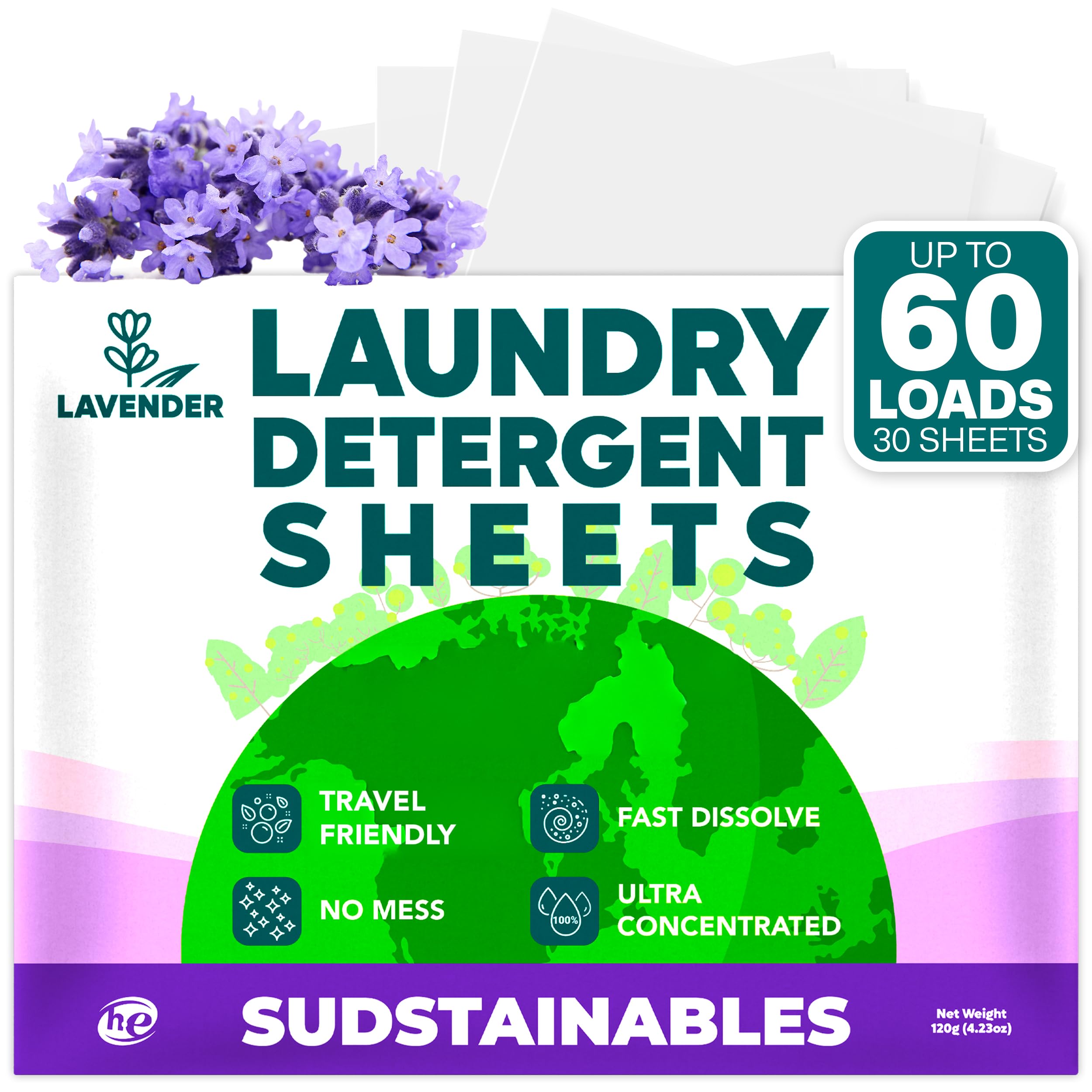Sudstainables Laundry Detergent Sheets, Lavender, 60 Loads | Powerful dissolvable detergent sheets with calming lavender scent. HE compatible,