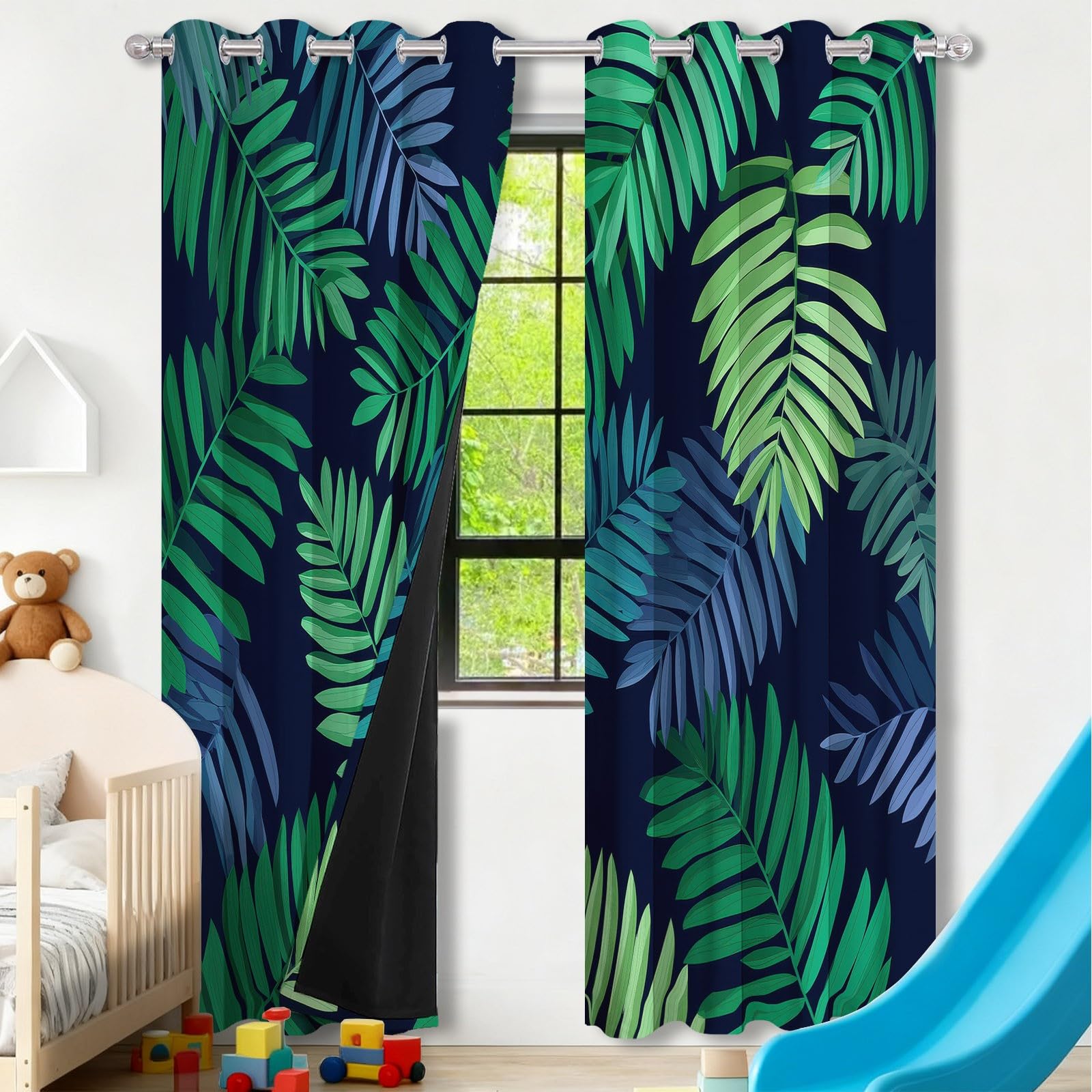 Minimalistyczne rośliny, liście palmowe, wzór nieprzejrzyste, wys. 215 x szer. 110 cm (zestaw 2 szt.), ochrona przed zimnem do standardowej sypialni, ciemnoniebiesko-zielone
