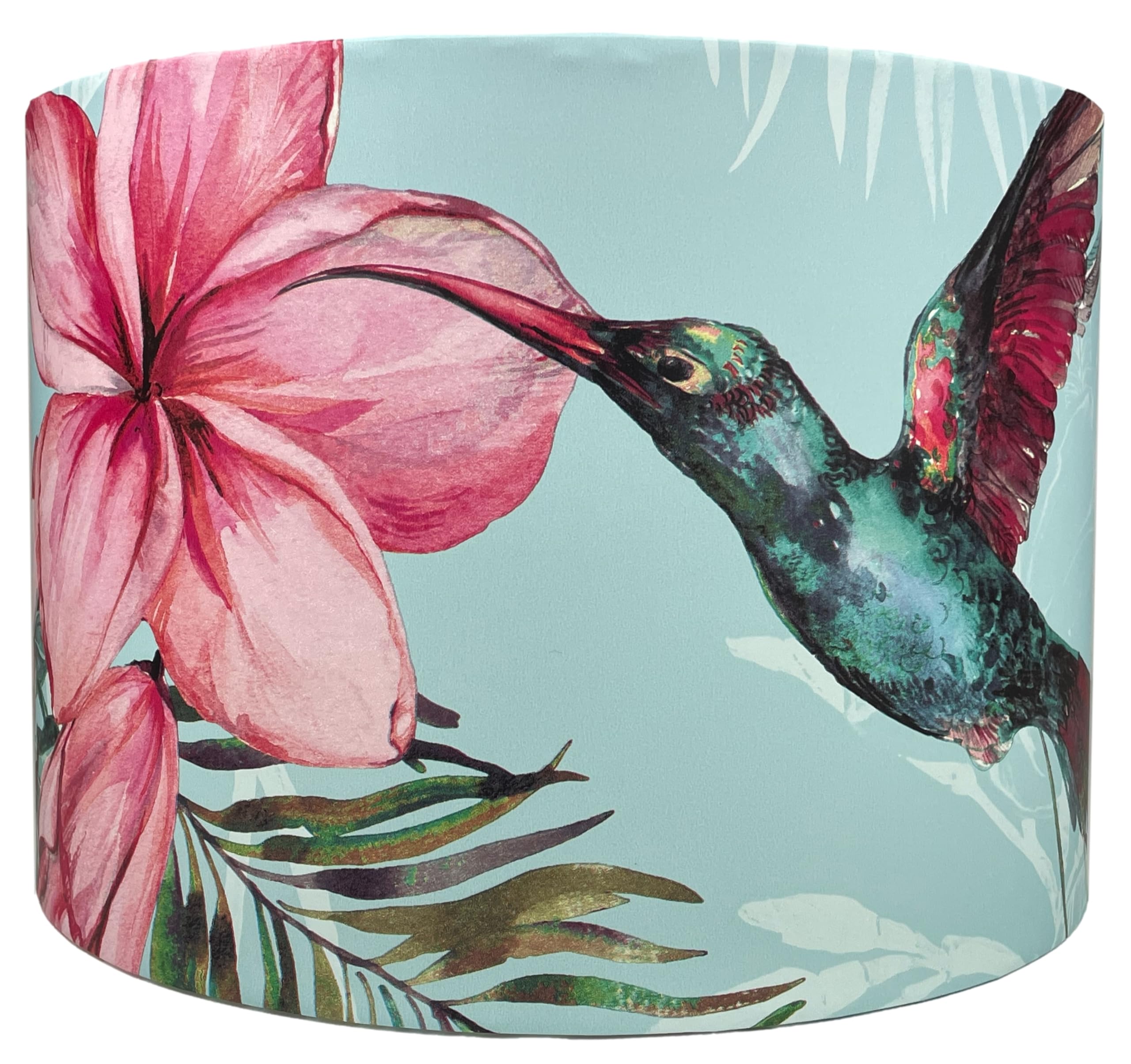 Tropical Hummingbird Lampshade for Ceiling & Table Lamps - Pink Floral and Palm Leaf Design on Light Blue Background Light Shade, Bedroom & Home Decor