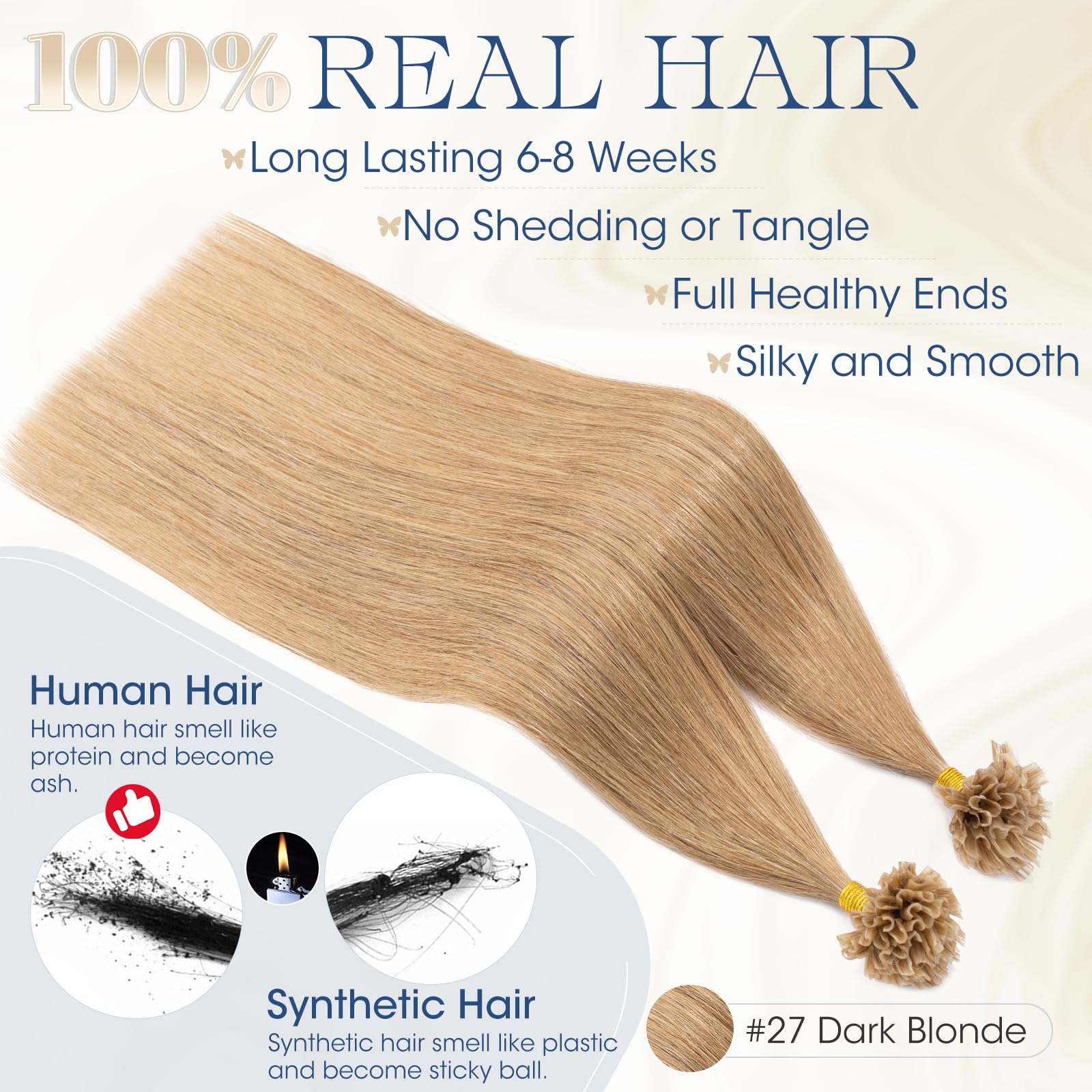 Elailite Extensiones Queratina Pelo Natural 100 Mechas 100% Cabello Humano sin Clip U Tip Keratina 45cm (50g) #27 Rubio Oscuro