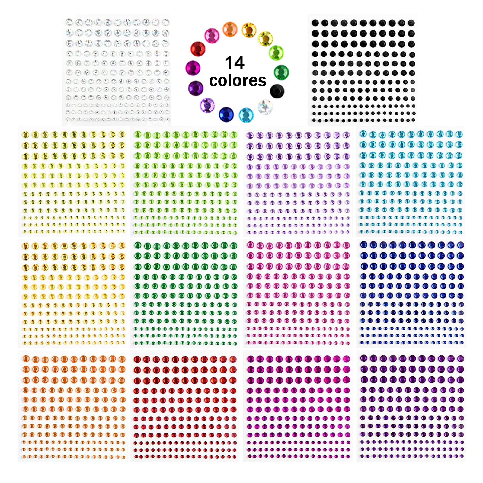 Meafeng 2300+ Piezas Brillantes Para la Cara Diamantes Autoadhesivas, 14 Colores Pegatinas Diamantes para Uñas Faciales Cuerpo Festivales Bodas DIY Decoraciones