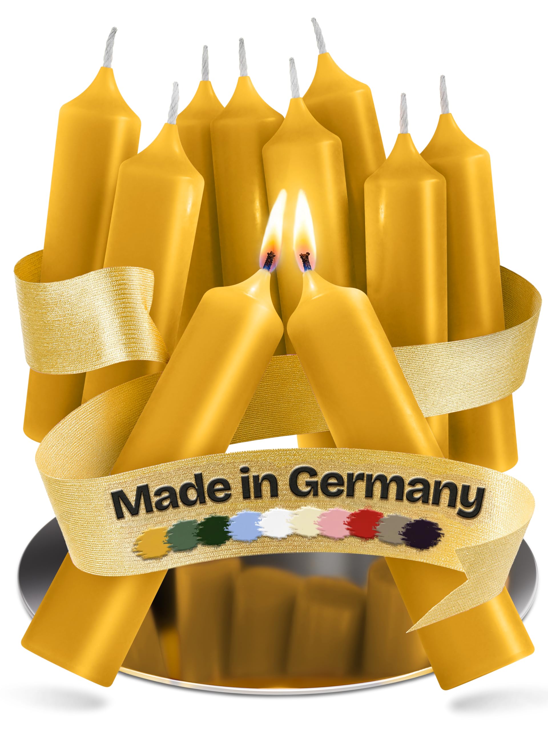 Kerzenfeld® 10 Stück, Kurze Stabkerzen Gelb, 100 x 22 mm, 2-fach getaucht, lange Brenndauer 4+ Stunden, echte Manufakturqualität aus Deutschland, RAL-Zertifiziert und tropffrei