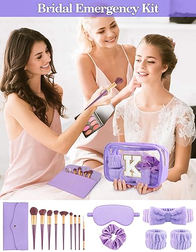 Miniatura 6 de Gift Sets for Women, Initial Makeup Bag with Makeup Brush Set Bachelorette Party Favors, Purple Spa Kit with Skincare Headbands Wrist Bands