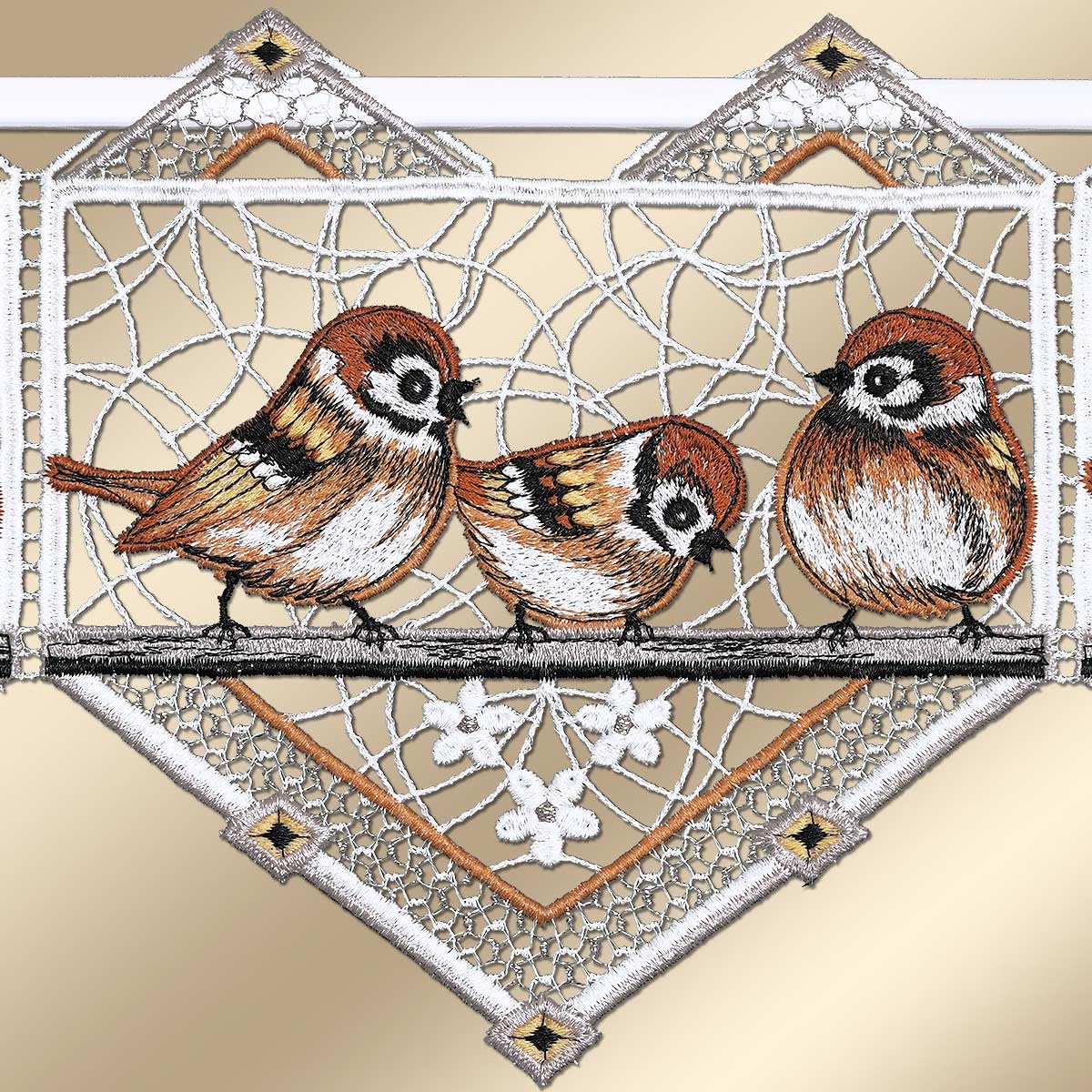 Feenhaus-Spitzengardine Spatzenkonzert Echte Plauener Spitze Scheibengardine mit Vögeln im modernen Landhausstil 20 x 55 cm