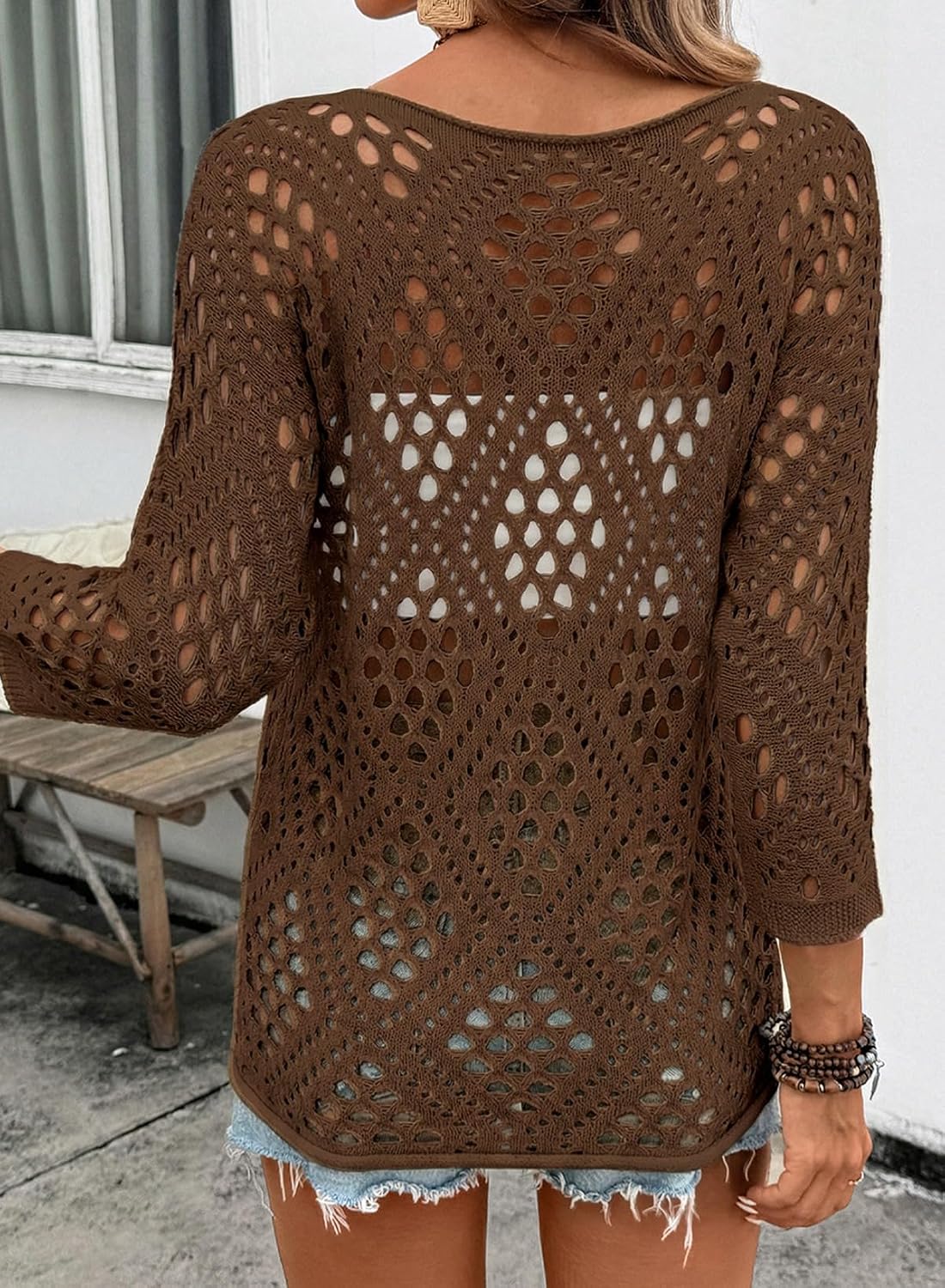 SHEWIN Womens Summer Tops Hollow Out Beach Crochet Cover Ups V Neck 3/4 Sleeve Pullover Sweater Shirts thumbnail