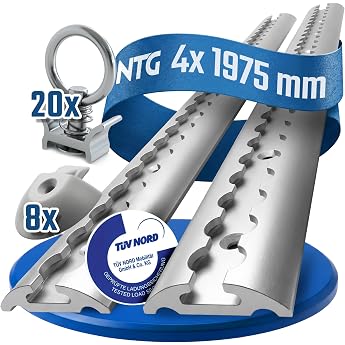 NTG 4 x 2 m Aluminium Airline Tracks, Lashing Rail, Round Semi-Circular Profile with Drill Holes, 2 m, 1975 mm, Starter Set w