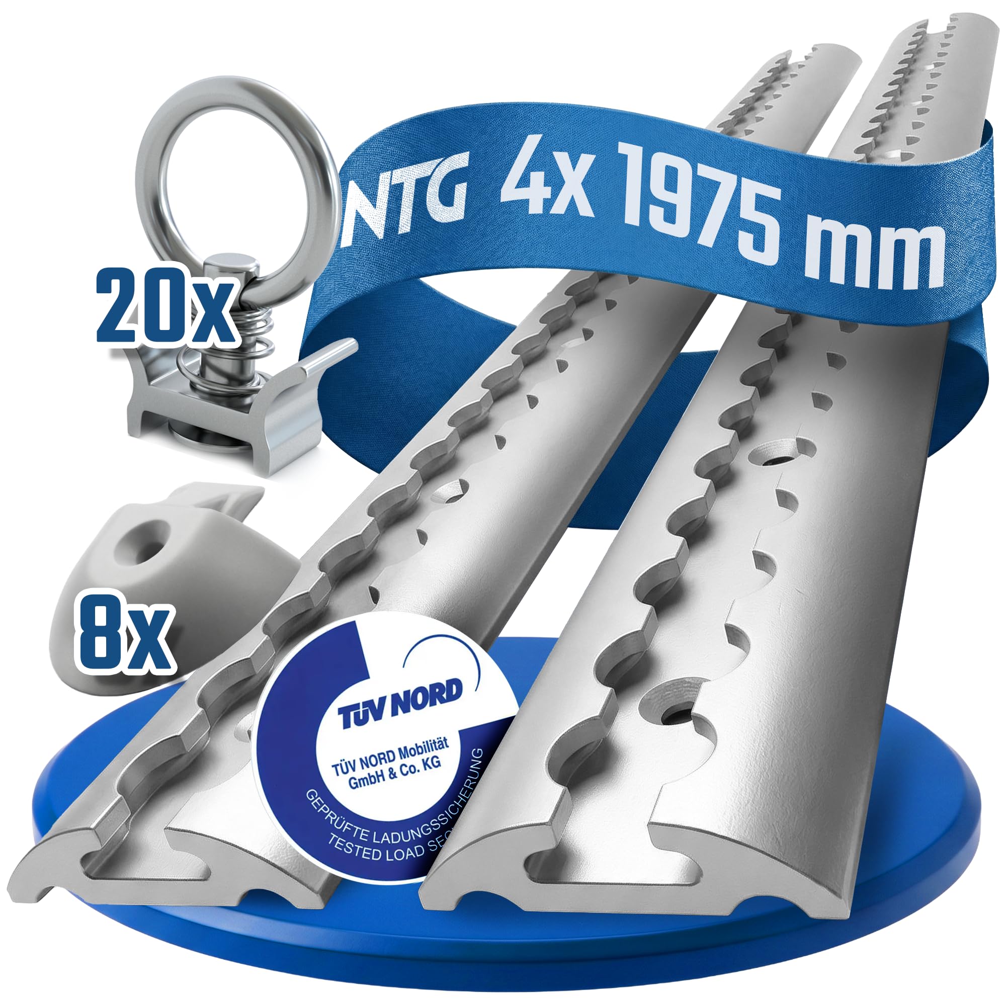 NTG 4 Stück Airlineschiene halbrunde Form - TÜV Zertifiziert - 2m + 20 Stück einfach Fitting + 8 Stück Endkappe im Set mit Bohrungen aus Aluminum | eloxiert | 1975mm | Ladungssicherung