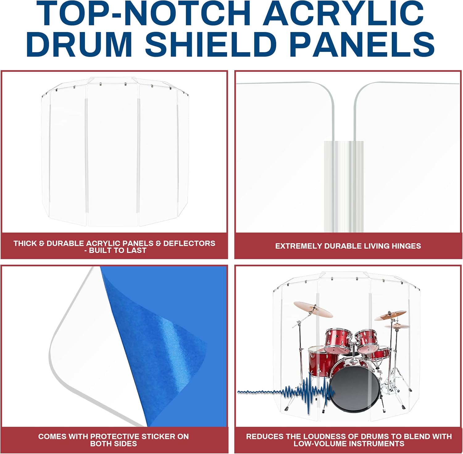 PENNZONI Drum Shield 6ft w/Deflectors & Plastic Hinges, Comes w/ 5 Drum Panels, Plastic Hinges & Deflector Connectors, Premium Clear Acrylic Panels