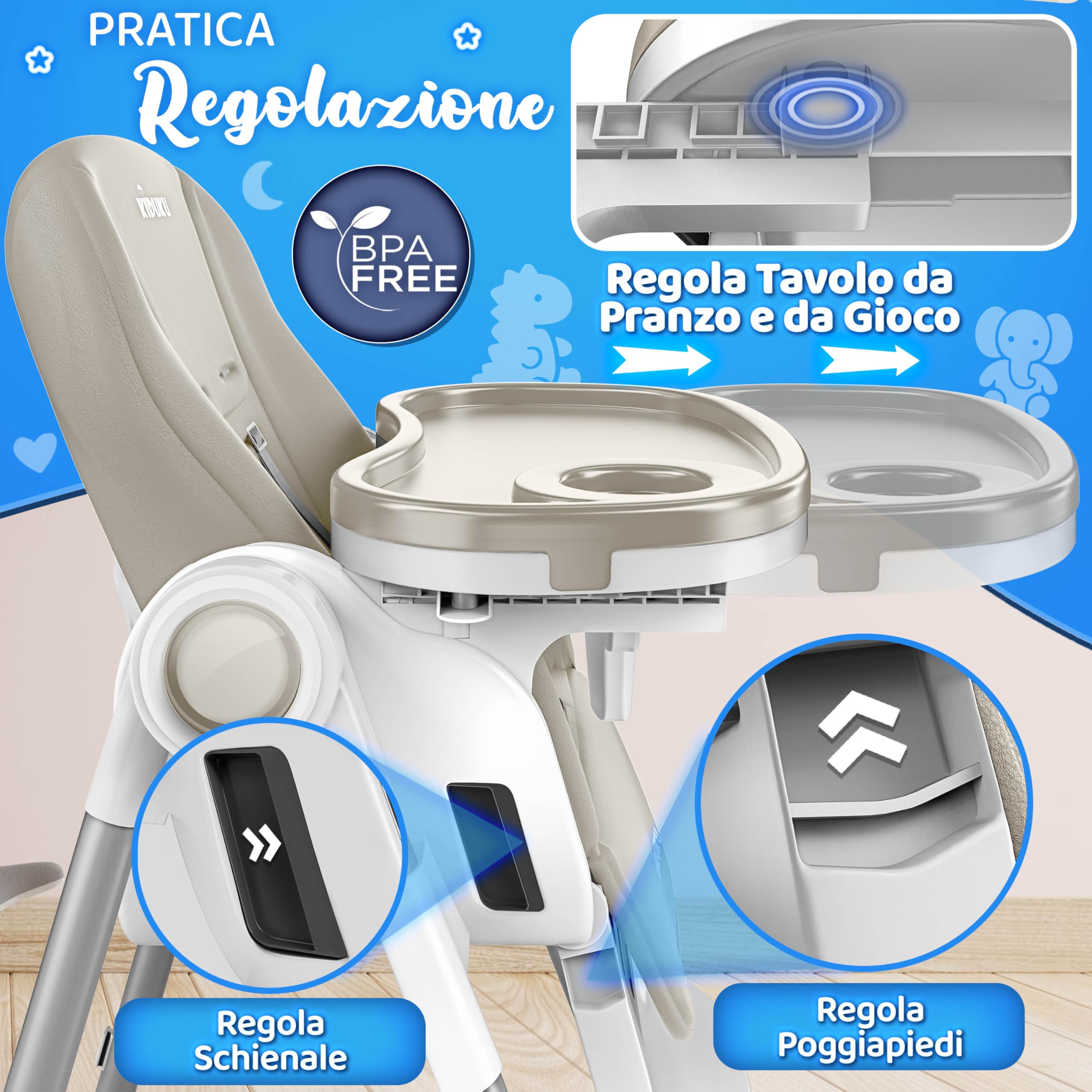 KIDUKU® Seggiolone Pappa Neonato 3 in 1 con Riduttore & Bavaglino | Seggiolone Pieghevole per Bebè e Bambini con Arco Giochi | Sedia Evolutiva Regolabile 7 Livelli | Crescita 0-36 Mesi (Beige)