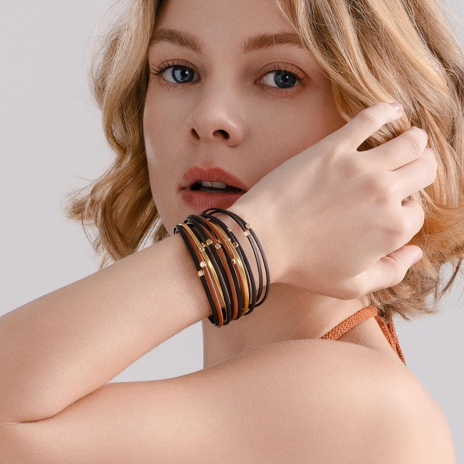 FANCY SHINY Beaded Leather Wrap Bracelets Cute Boho Stackable Bangle Cuff with Magnetic Clasp - Image 4