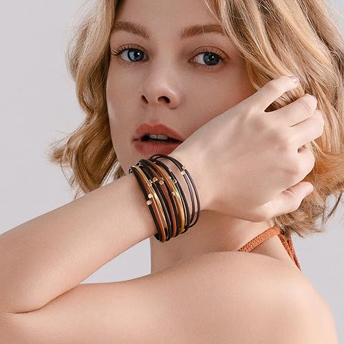 Miniatura 4 de FANCY SHINY Pulseras de cuero con cuentas, estilo bohemio, apilable, con cierre magnético