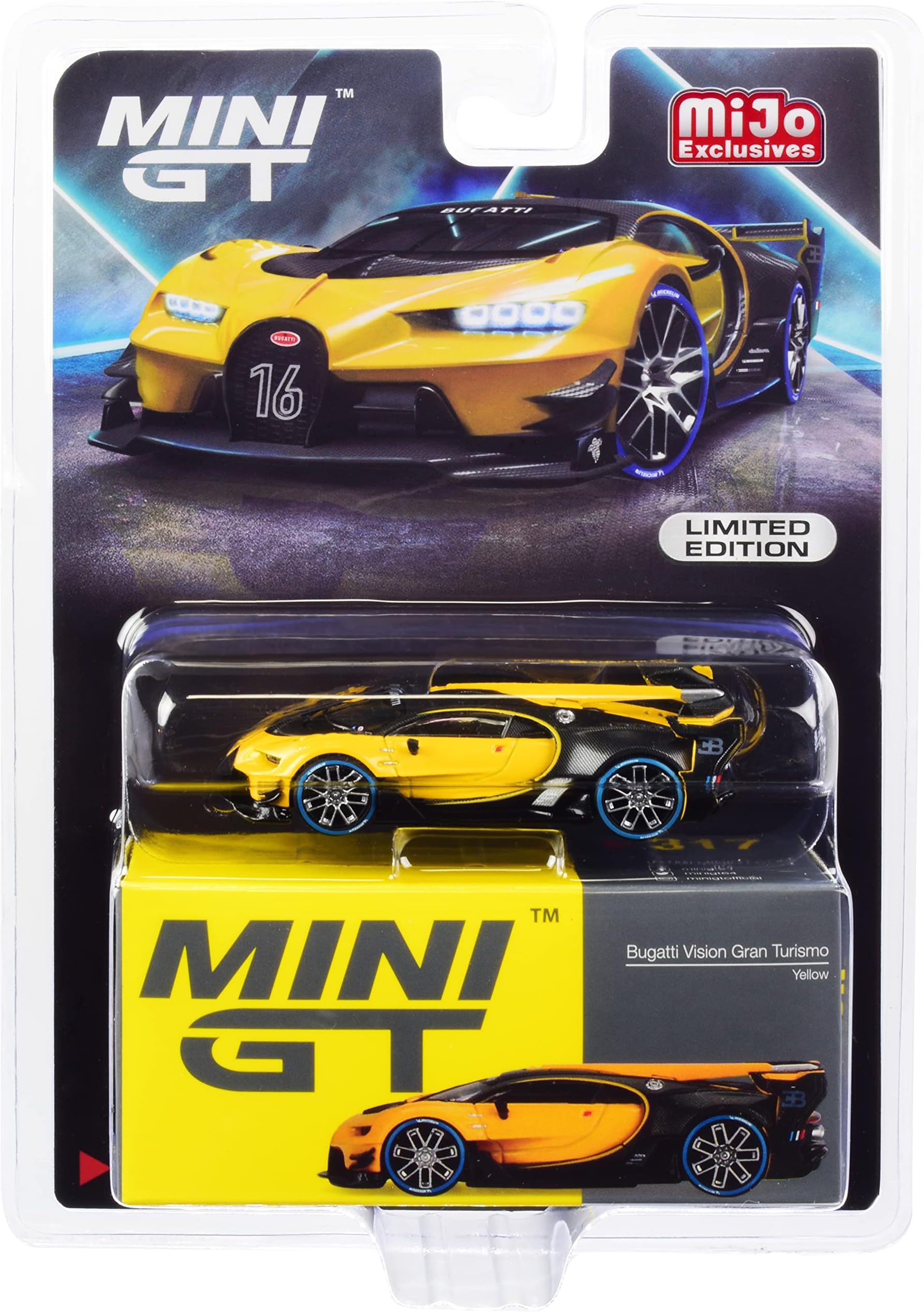 MINI GT Bugatti Vision Gran Turismo Yellow and Carbon 1/64 Diecast Model Car by True Scale Miniatures MGT00317