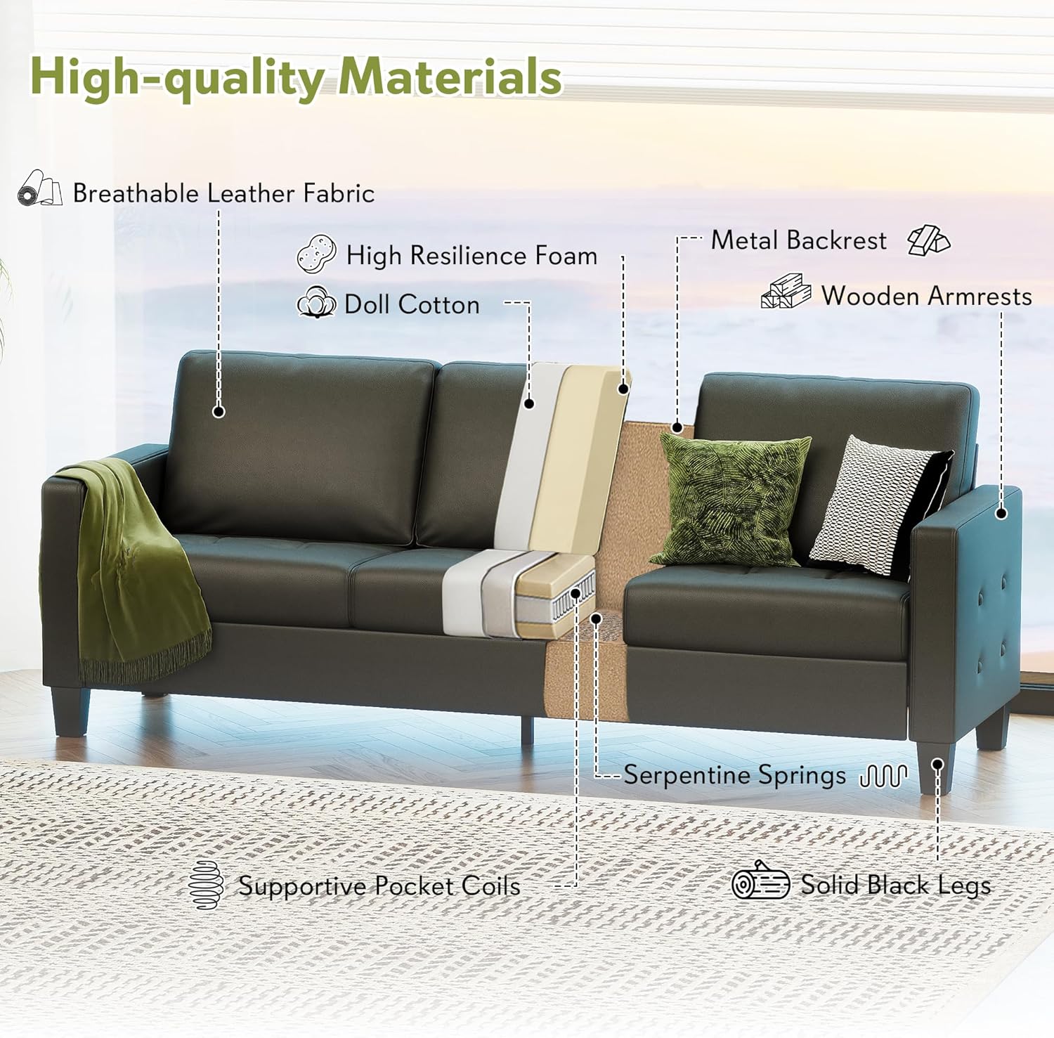 STHOUYN Black Faux Leather 3 Seater Sofa and Accent Chair, Modern Comfy Office Furniture Set, Small Loveseat Couch with Tufted Armrest and USB, 2 Pieces Living Room Furniture Sets (3+1)