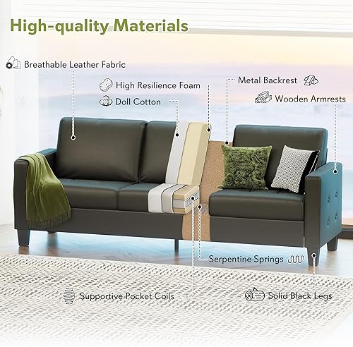 Miniatura 3 de STHOUYN Sofá de piel sintética negra de 73 pulgadas, moderno y cómodo sofá de 3 plazas con reposabrazos copetudo y USB, sofás pequeños para sala de