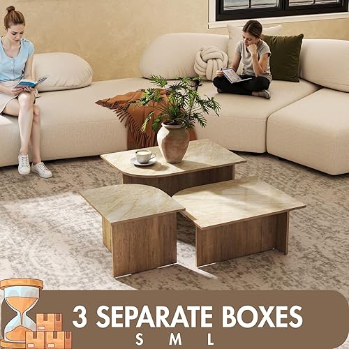 Miniatura 8 de Juego de mesas auxiliares modernas de 3 piezas, parte superior de mármol sintético y patas de madera de nogal, mesa de té rectangular de mediados de