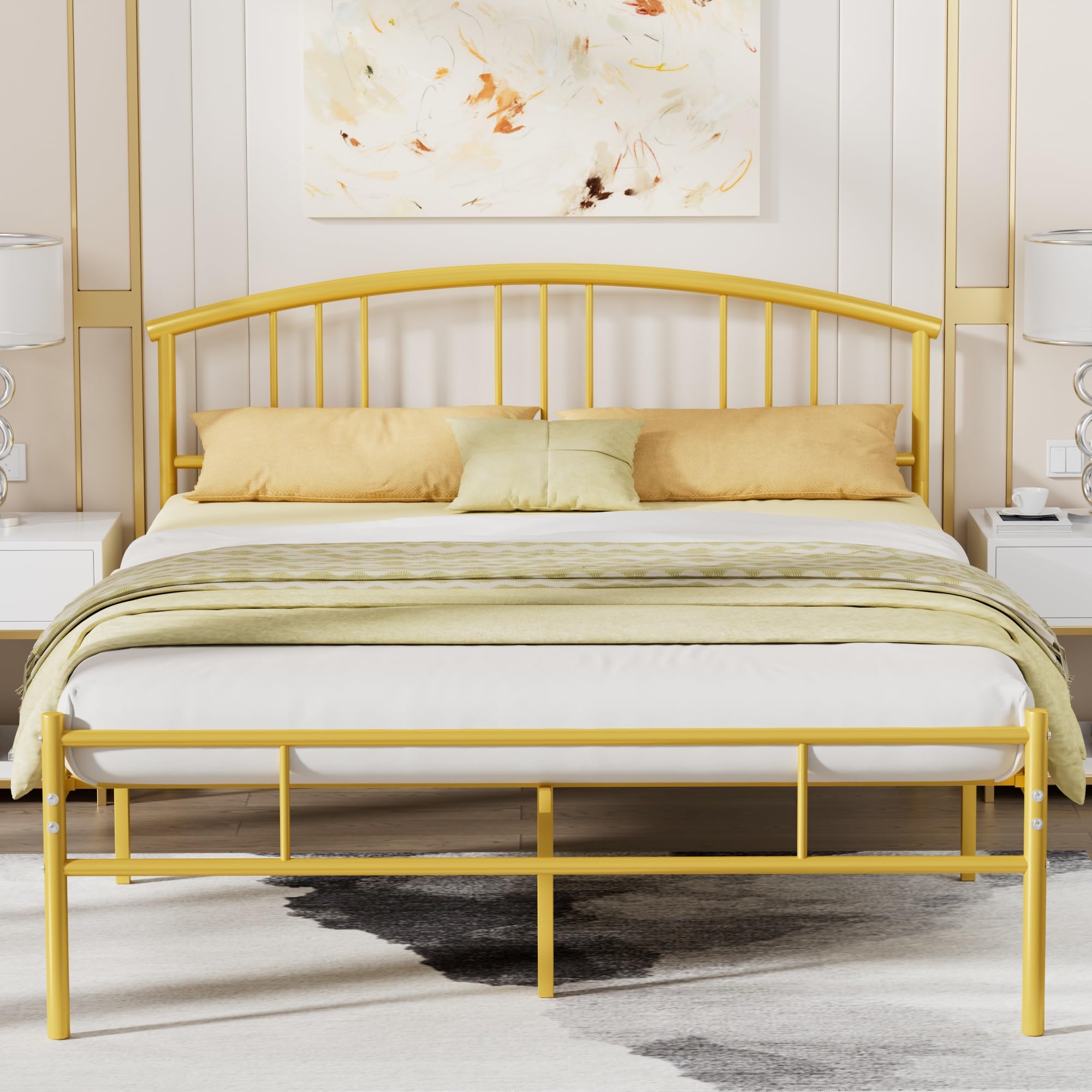 VECELO 14 inch Full Bed Frame Gold Beds Metal Platform Mattress Foundation with headboard Footboard Steel Slat Support/No Box Spring Needed/Easy