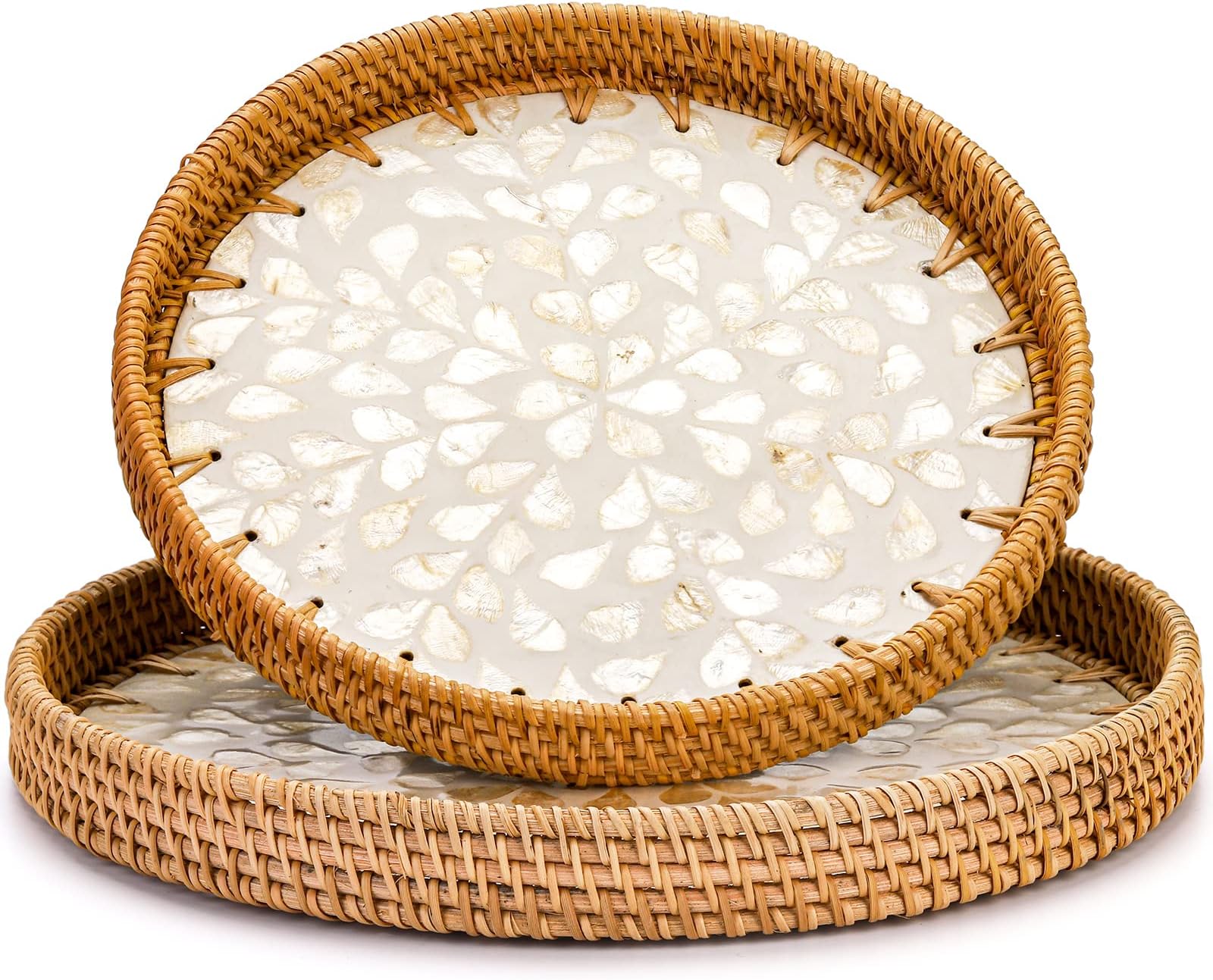 Round Rattan Serving Tray with Mother of Pearl Inlay,Hand
