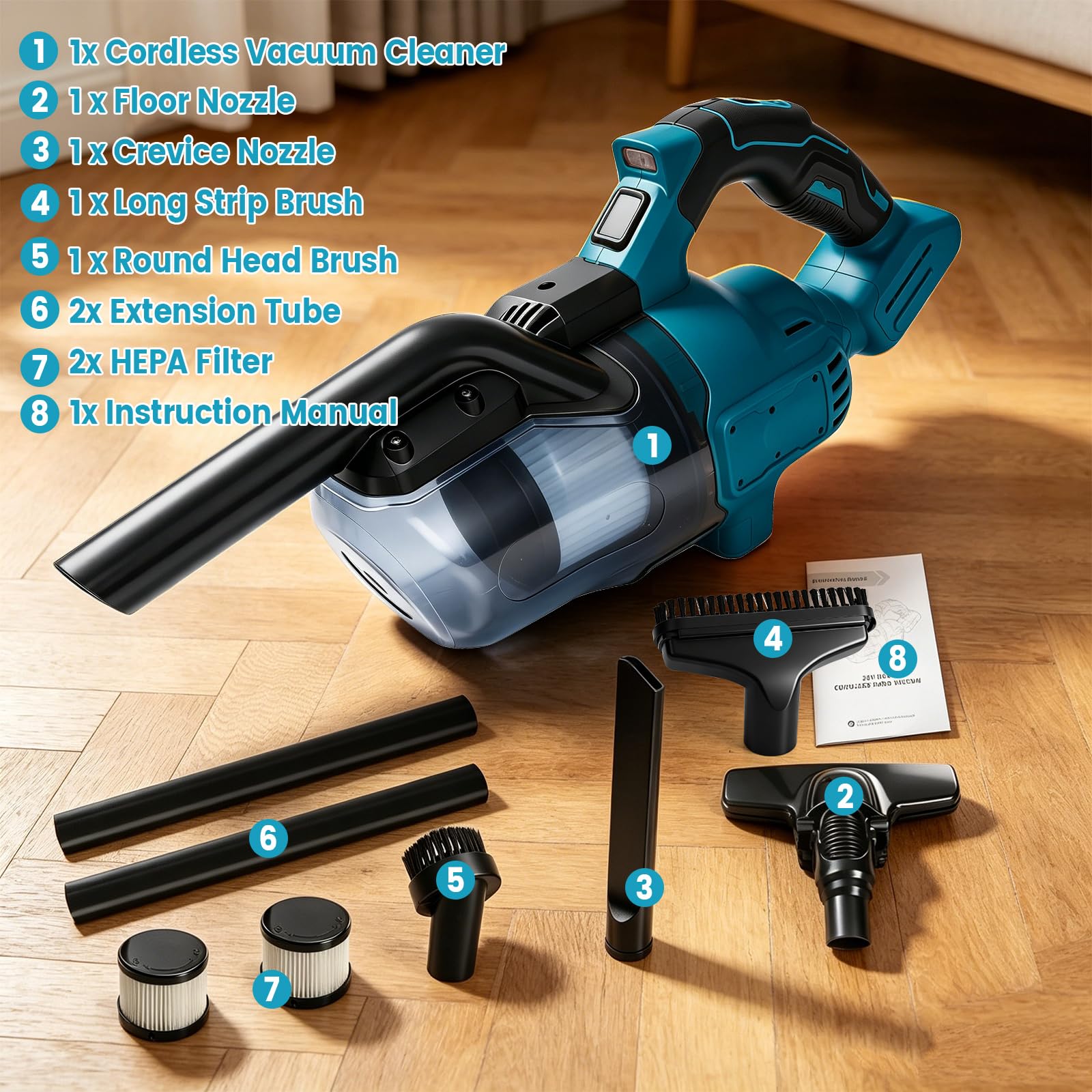 Aspirador de mano inalámbrico compatible con Makita 18 V, 16000 Pa, con 4 boquillas y depósito de polvo de 0,75 litros para suelos duros, alfombras, pelo de mascotas y coches.
