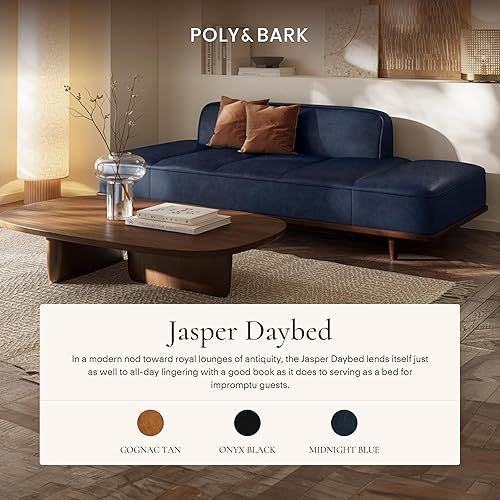 Miniatura 3 de POLY & BARK Jasper Daybed  Azul medianoche  Tapicería de cuero semidanilina de grano completo  Marco de madera de fresno teñido de nuez, 6.6 pies