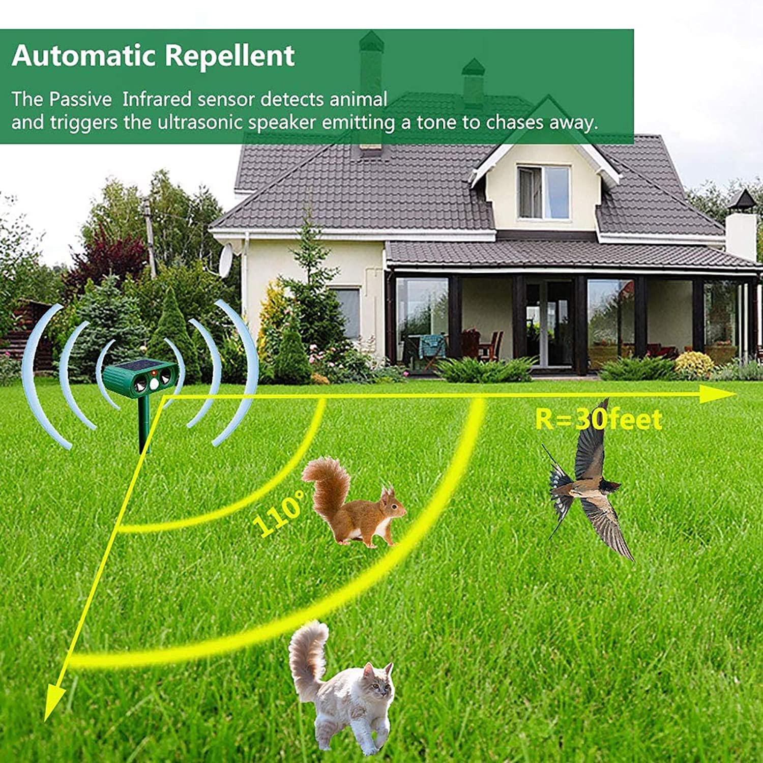 Spaventa gatti a ultrasuoni IP65 resistente alle intemperie portata 9 m per animali domestici auto cani martore