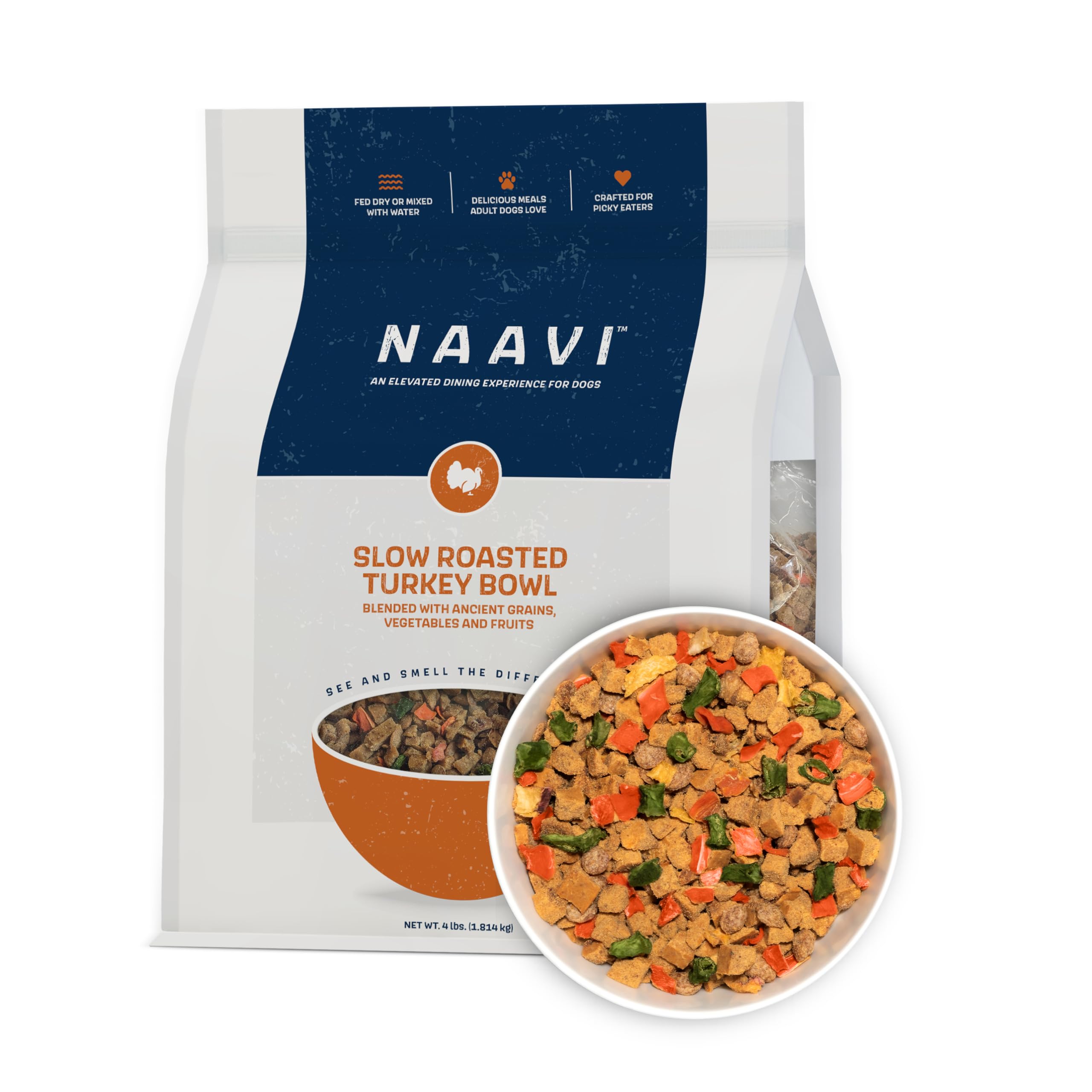 NAAVI Natural Dog Food - Slow-Roasted Turkey Bowl with Ancient Grains, Vegetables & Fruits - Ideal Wet/Dry Meal or Premium Dog Food Toppers for Picky