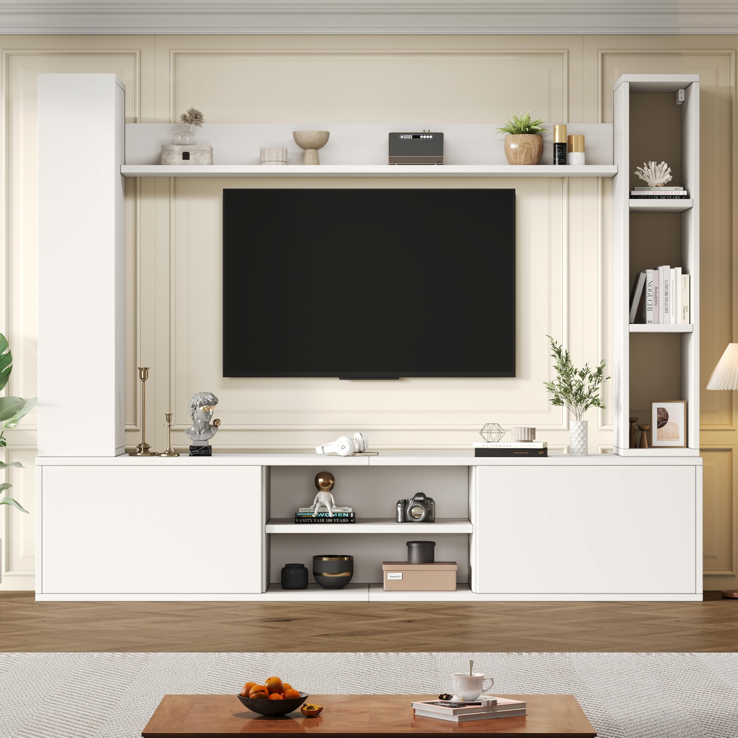 Set completo da parete per soggiorno, TV, mobili da soggiorno (set completo, 4 pezzi), scheda TV (vetrine) + scaffale + 2 mensole da parete (in piedi/sospeso), per TV fino a 80", 180 x 35 x
