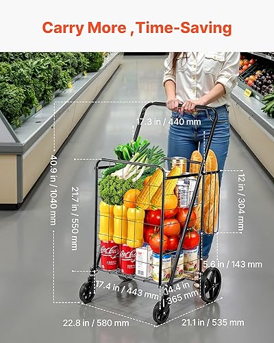 Miniatura 3 de VEVOR Carrito de compras plegable, carrito de comestibles jumbo con cestas dobles, ruedas giratorias de 360, carrito utilitario resistente, carrito