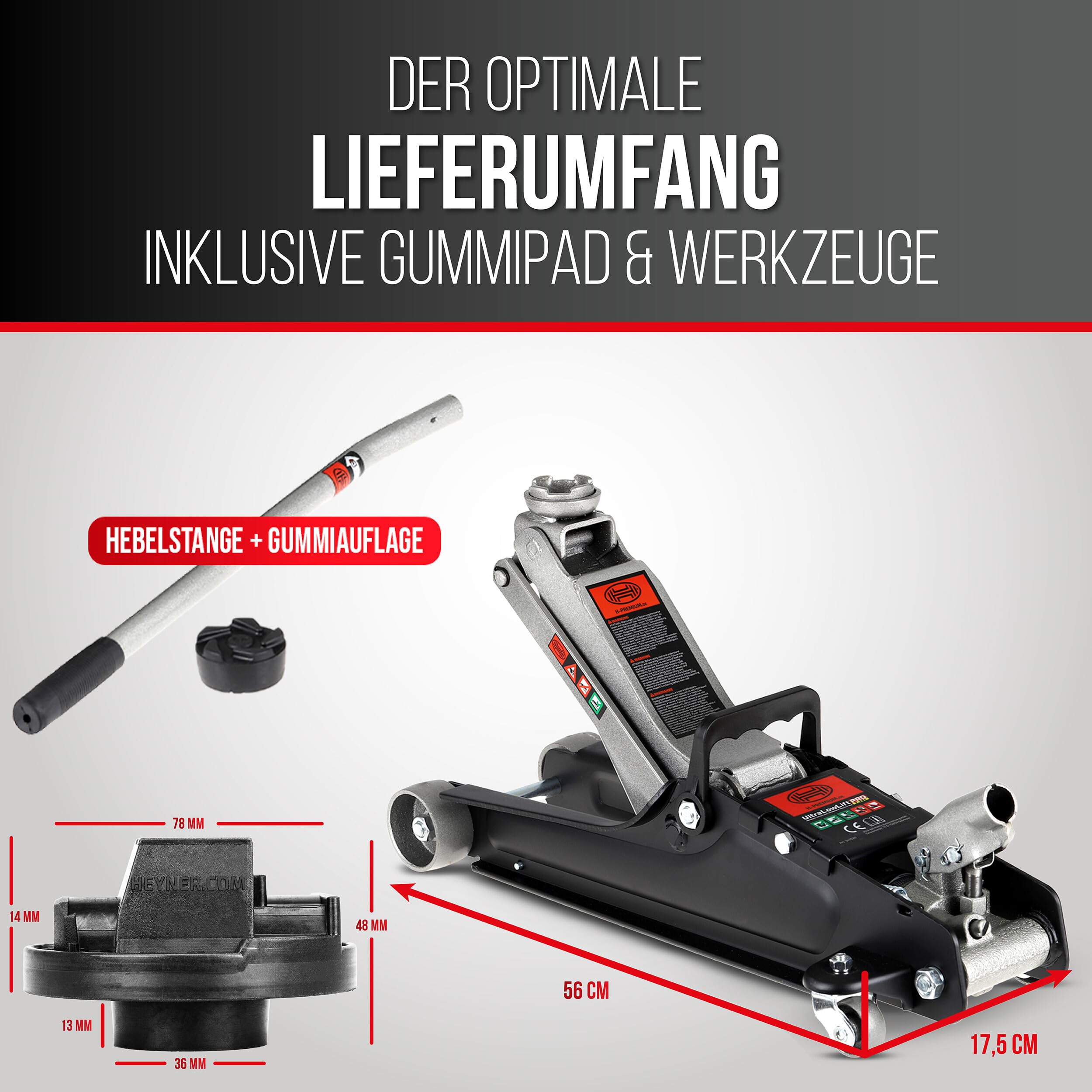 HEYNER® Zestaw hydraulicznych podnośników manewrowych 2,25 t – wyjątkowo płaski (85–380 mm), 2 koła obrotowe, gumowe talerze o średnicy 45 mm, w zestawie gumowa podkładka do samochodów marki Mercedes,