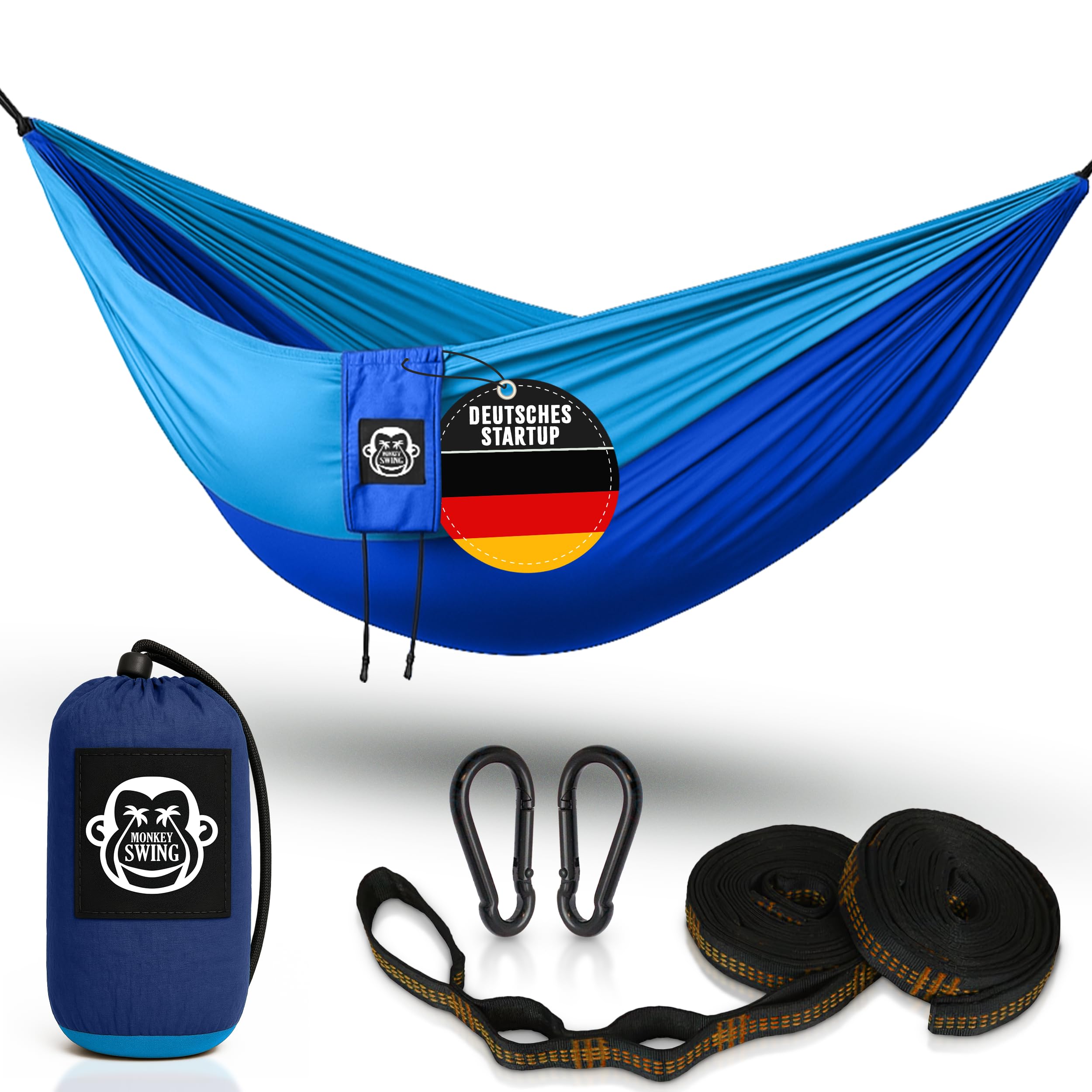 Monkey Swing Hängematte Ultraleicht inkl. Karabiner & Schwerlastgurten (bis 300  kg belastbar, 275 x 140 cm) – ideal für Camping, Outdoor, Trekking & als Reisehängematte